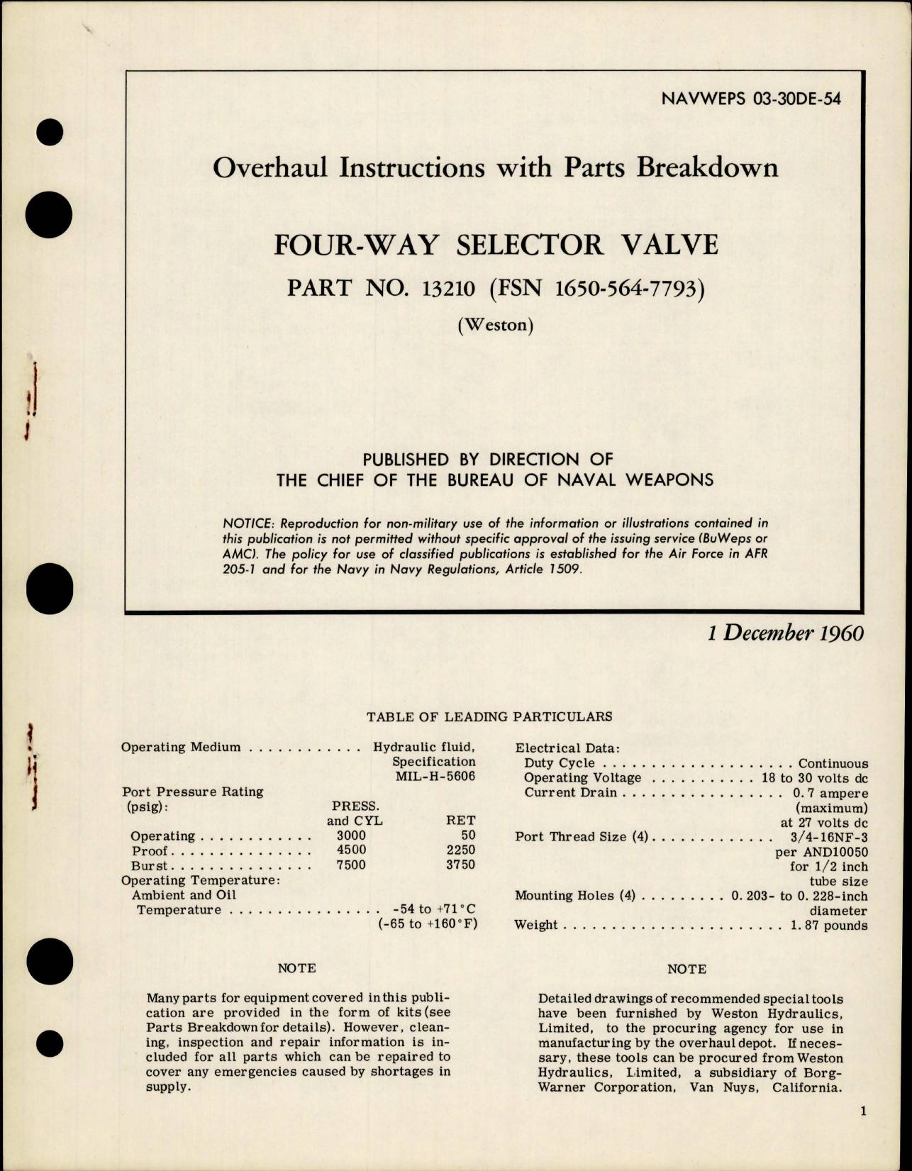Sample page 1 from AirCorps Library document: Overhaul Instructions with Parts for Four Way Selector Valve - Parts 13210 