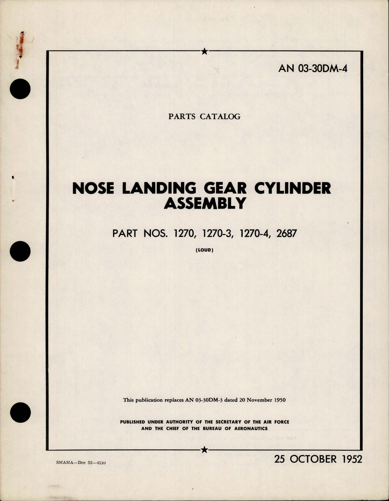 Sample page 1 from AirCorps Library document: Parts Catalog for Nose Landing Gear Cylinder Assembly - Parts 1270, 1270-3, 1270-4, 2687