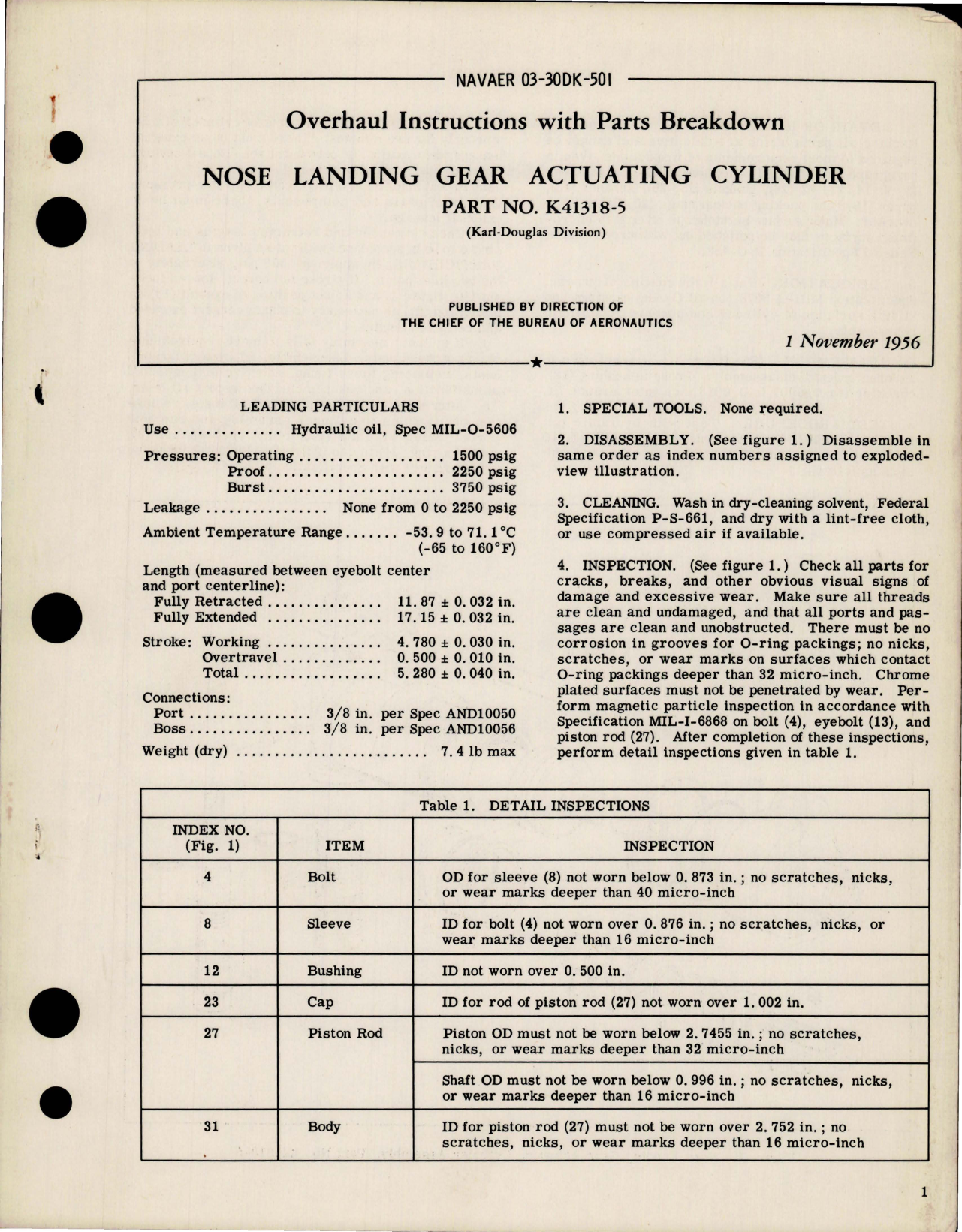 Sample page 1 from AirCorps Library document: Overhaul Instructions with Parts Breakdown for Nose Landing Gear Actuating Cylinder - Part K41318-5 