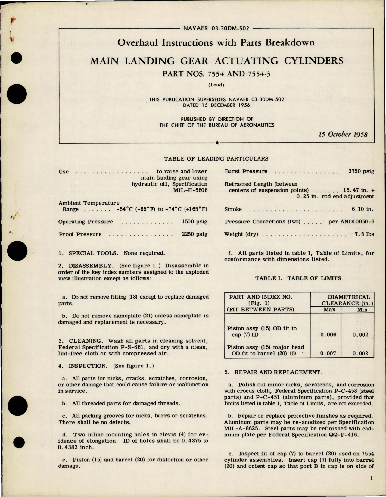Sample page 1 from AirCorps Library document: Overhaul Instructions with Parts Breakdown for Main Landing Gear Actuating Cylinders - Parts 7554 and 7554-3 