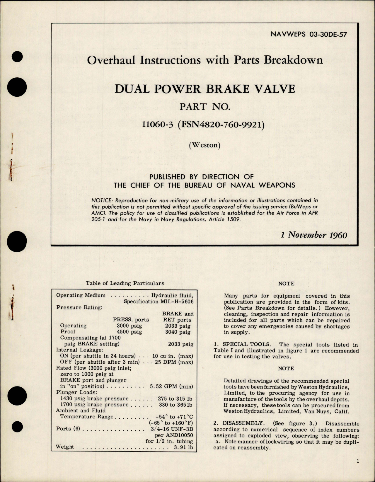Sample page 1 from AirCorps Library document: Overhaul Instructions with Parts for Dual Power Brake Valve - Part 11060-3 