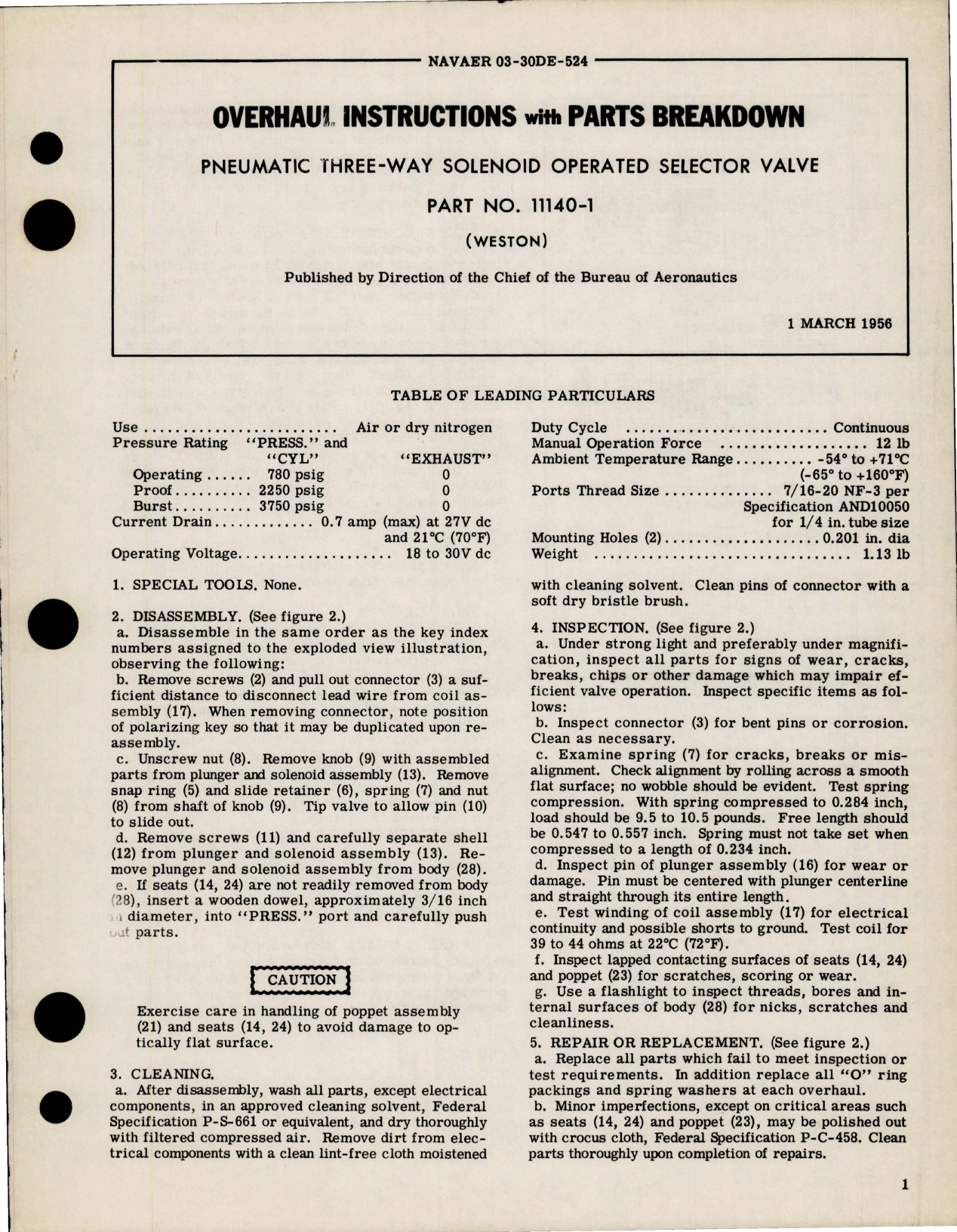Sample page 1 from AirCorps Library document: Overhaul Instructions with Parts Breakdown for Pneumatic Three Way Solenoid Operated Selector Valve - Part 11140-1