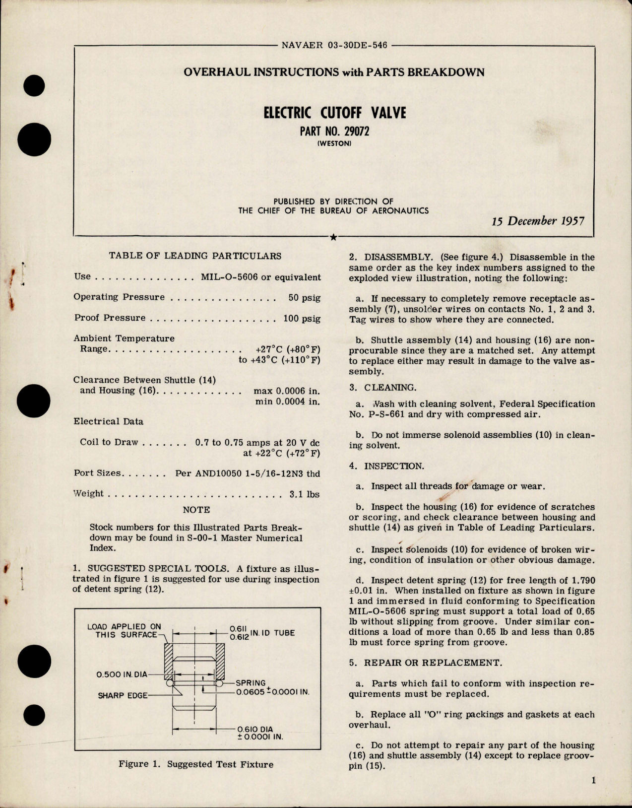 Sample page 1 from AirCorps Library document: Overhaul Instructions with Parts Breakdown for Electric Cutoff Valve - Part 29072 