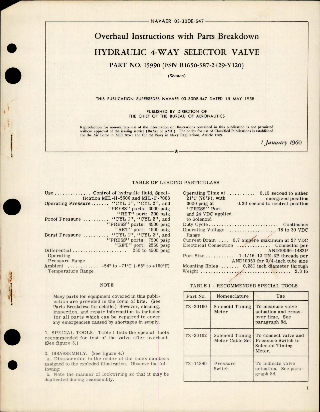 Sample page 1 from AirCorps Library document: Overhaul Instructions with Parts Breakdown for Hydraulic 4Way Selector Valve - Part 15990