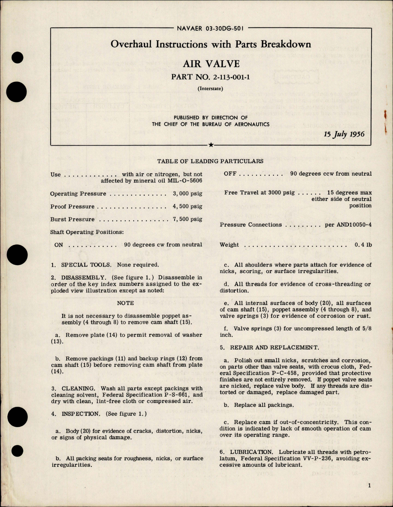 Sample page 1 from AirCorps Library document: Overhaul Instructions with Parts Breakdown for Air Valve - Part 2-113-001-1 