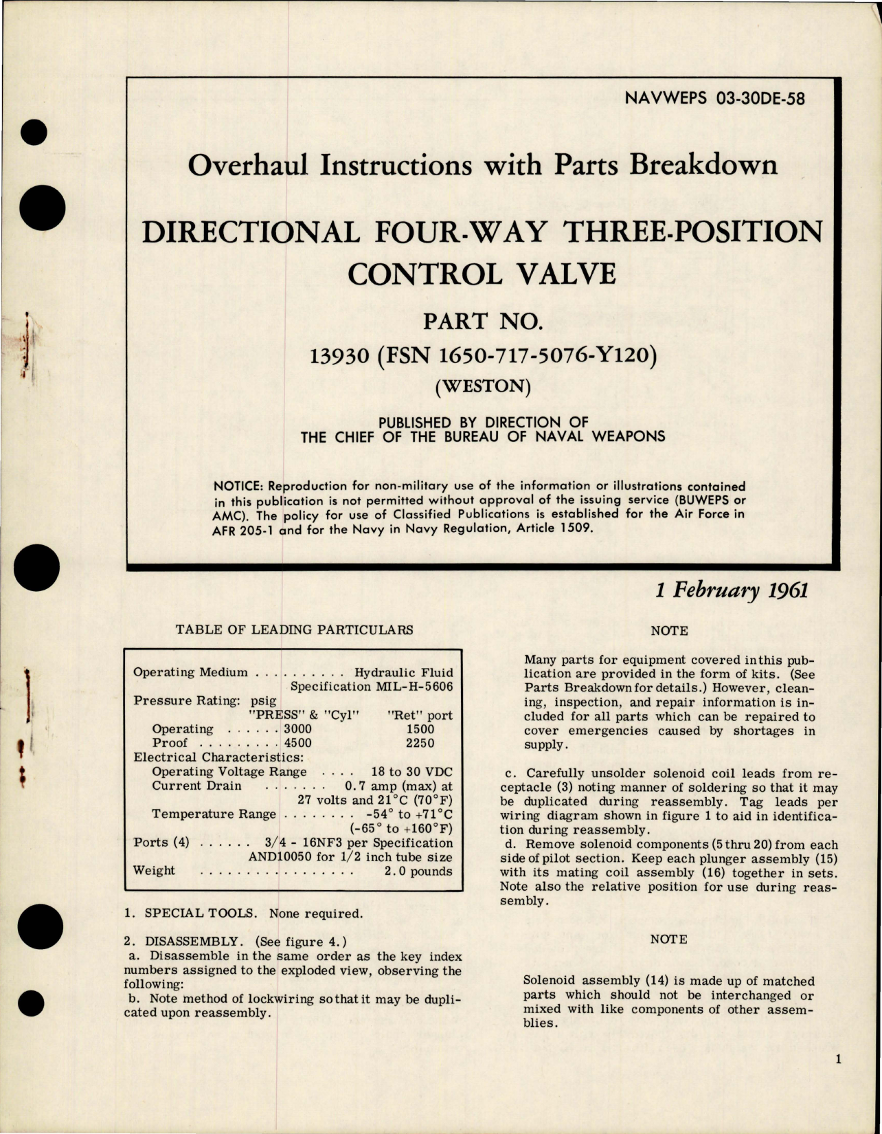 Sample page 1 from AirCorps Library document: Overhaul Instructions with Parts for  Directional Four-Way Three Position Control Valve - Part 13930 