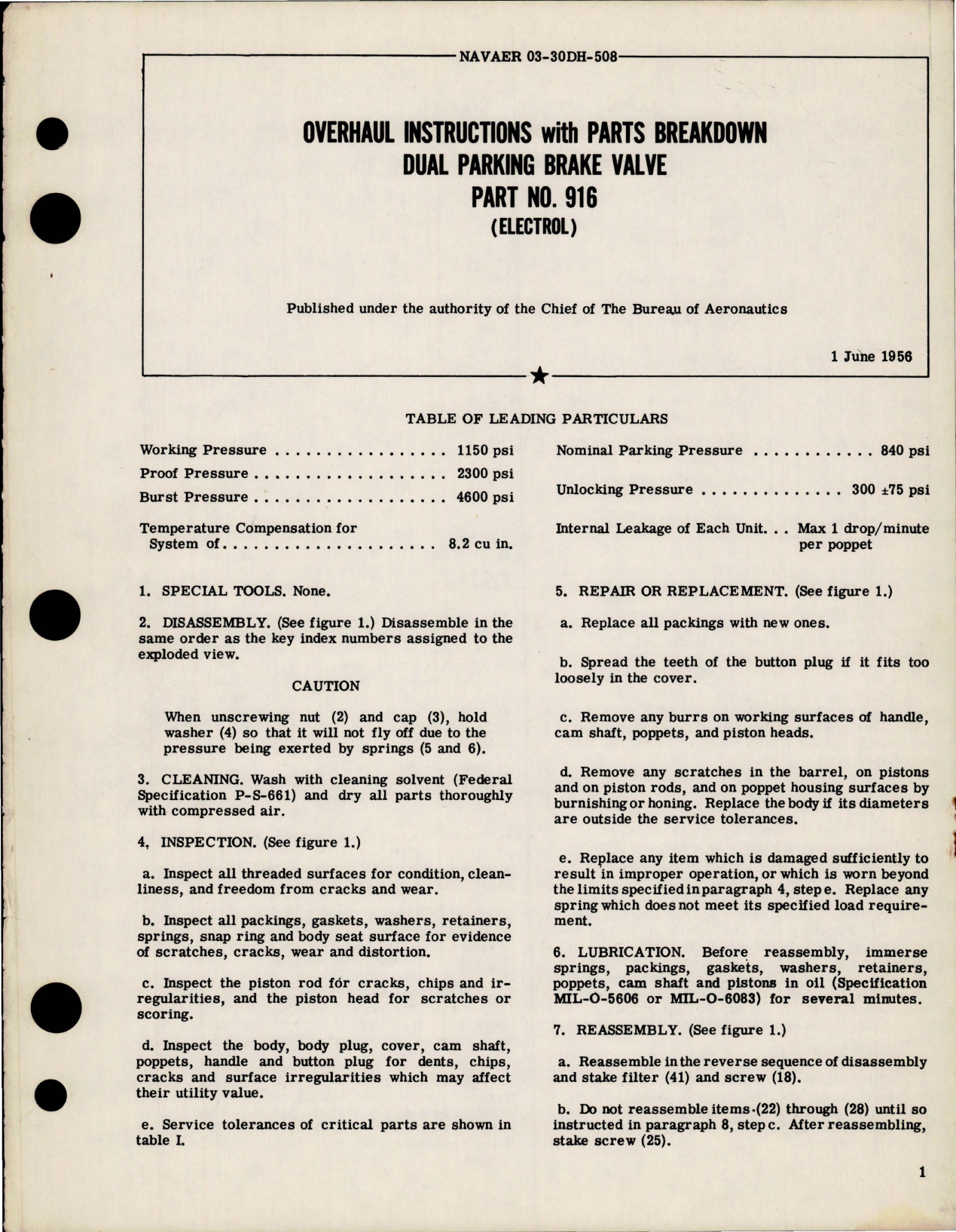 Sample page 1 from AirCorps Library document: Overhaul Instructions with Parts Breakdown for Dual Parking Brake Valve - Part 916 