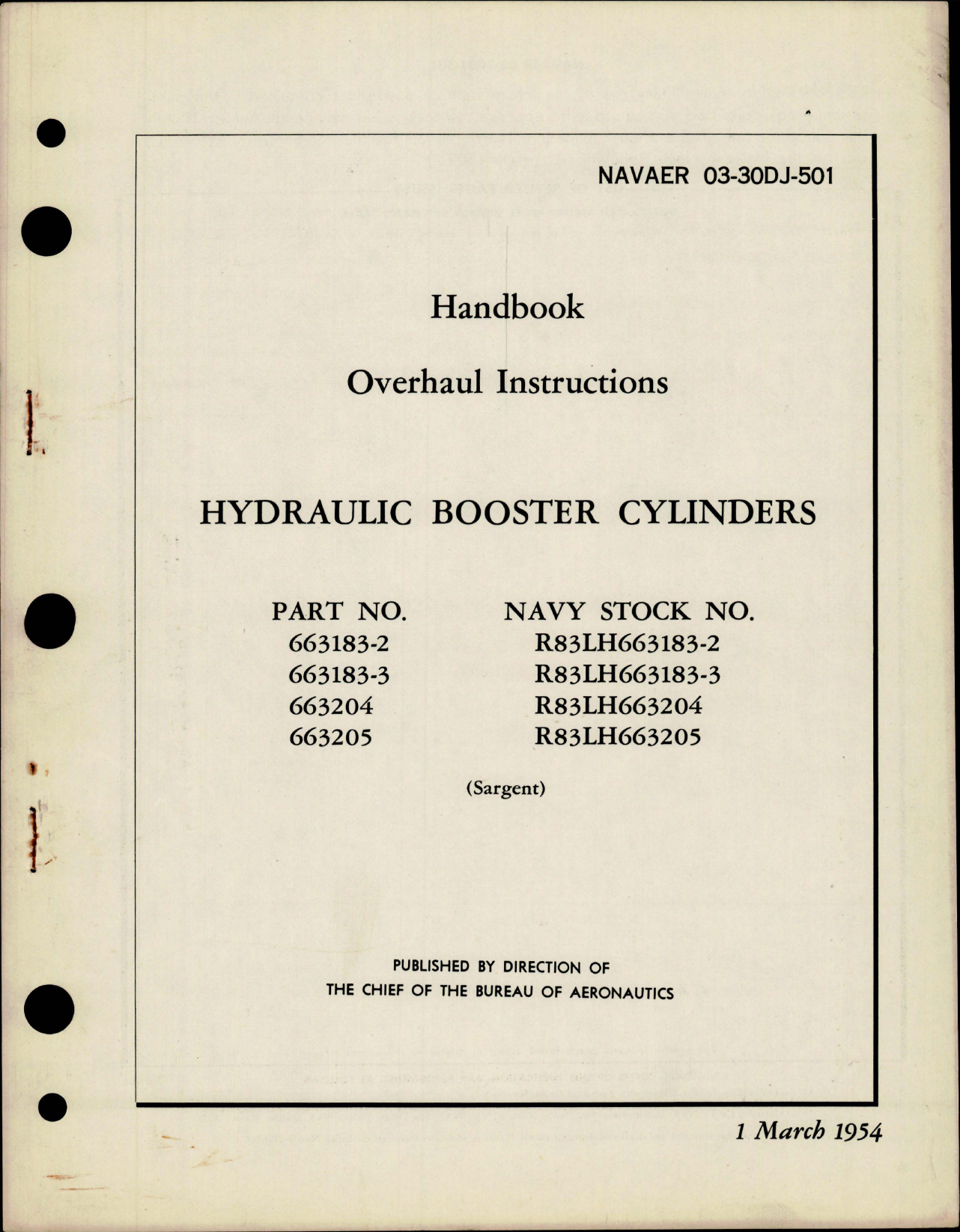 Sample page 1 from AirCorps Library document: Overhaul Instructions for Hydraulic Booster Cylinders - Parts 663183-2, 663183-3, 663204, 663205