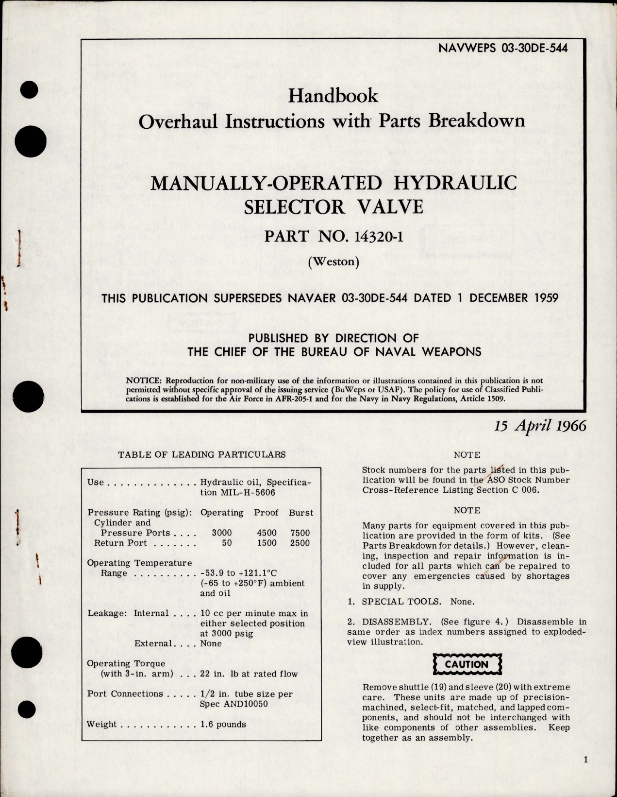Sample page 1 from AirCorps Library document: Overhaul Instructions with Parts Breakdown for Manually Operated Hydraulic Selector Valve - Part 14320-1