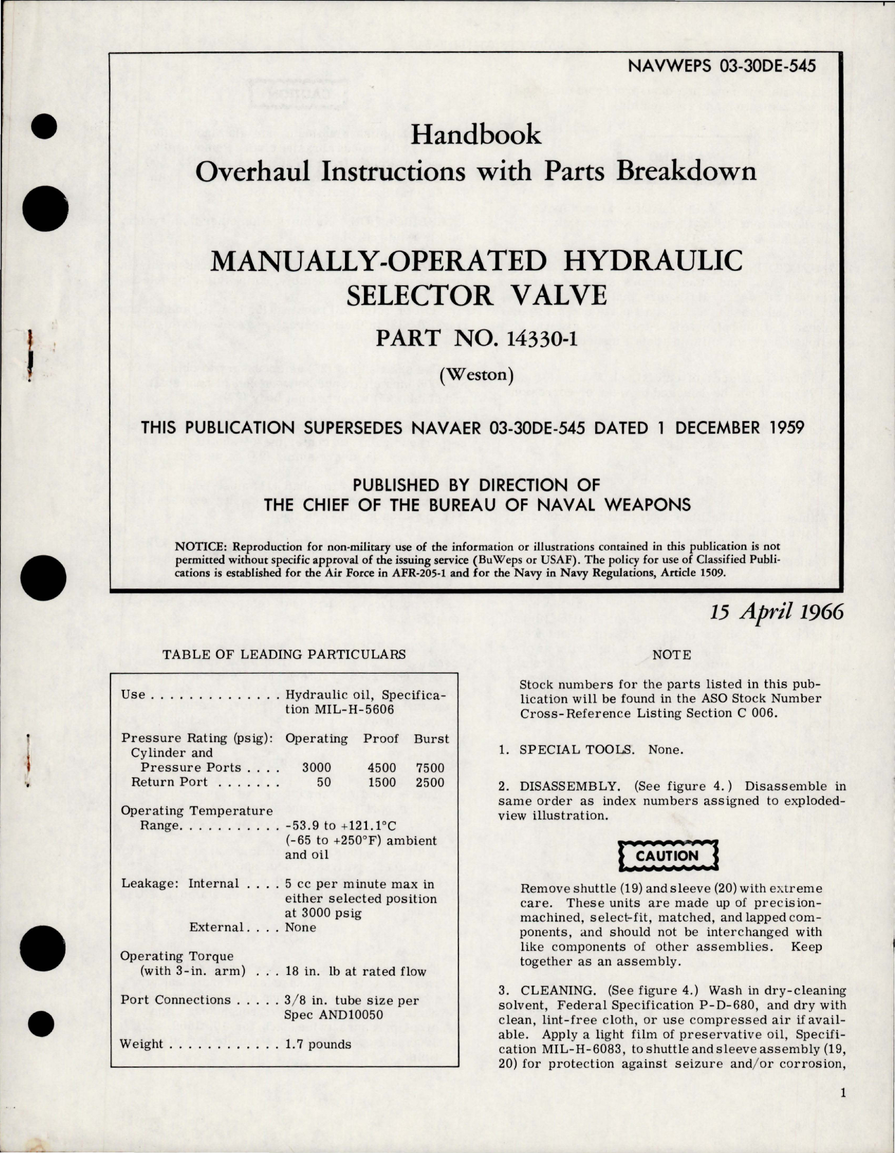 Sample page 1 from AirCorps Library document: Overhaul Instructions with Parts Breakdown for Manually Operated Hydraulic Selector Valve - Part 14330-1 