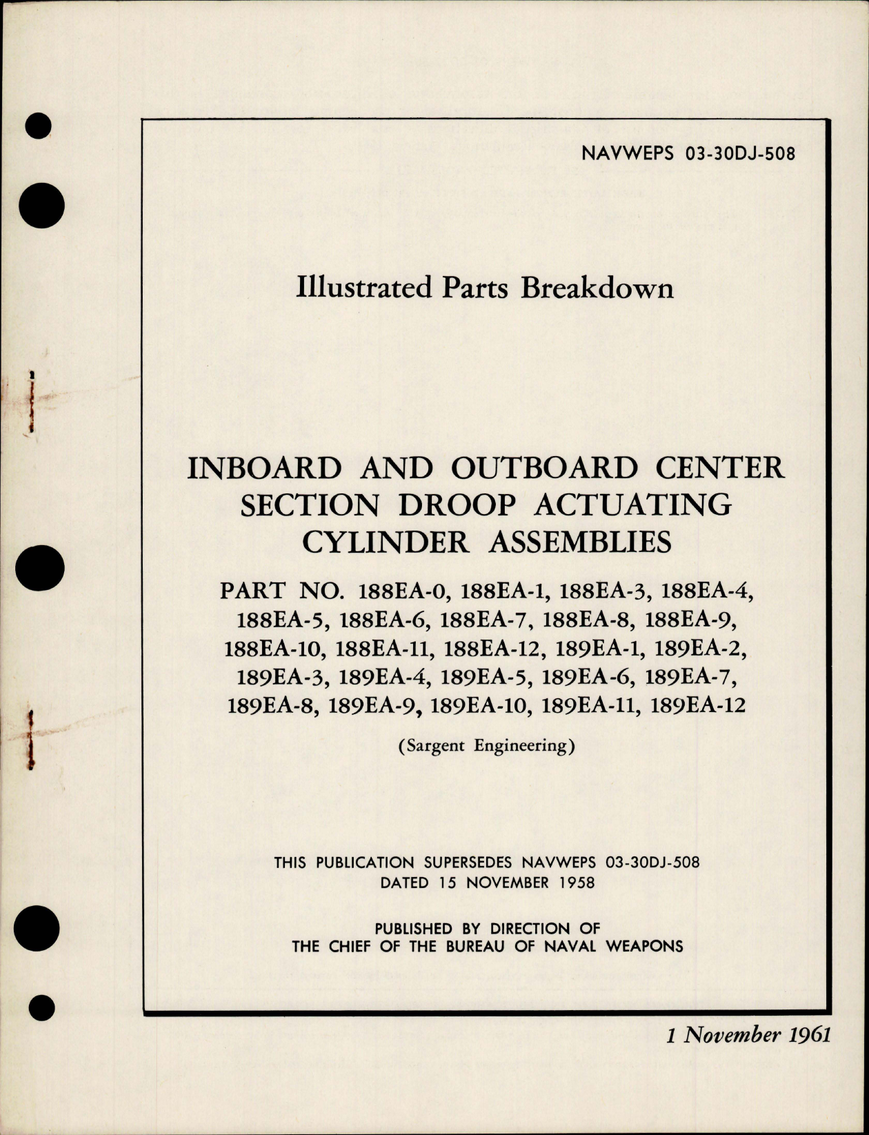 Sample page 1 from AirCorps Library document: Illustrated Parts Breakdown for Inboard and Outboard Center Section Droop Actuating Cylinder Assemblies - Parts 188EA and 189EA Series