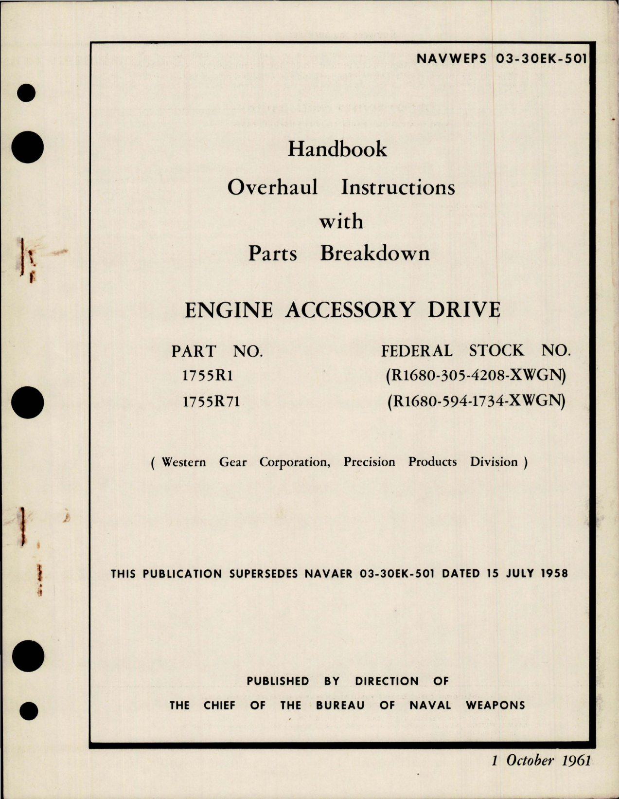 Sample page 1 from AirCorps Library document: Overhaul Instructions with Parts Breakdown for Engine Accessory Drive - Parts 1755R1 and 1755R71 