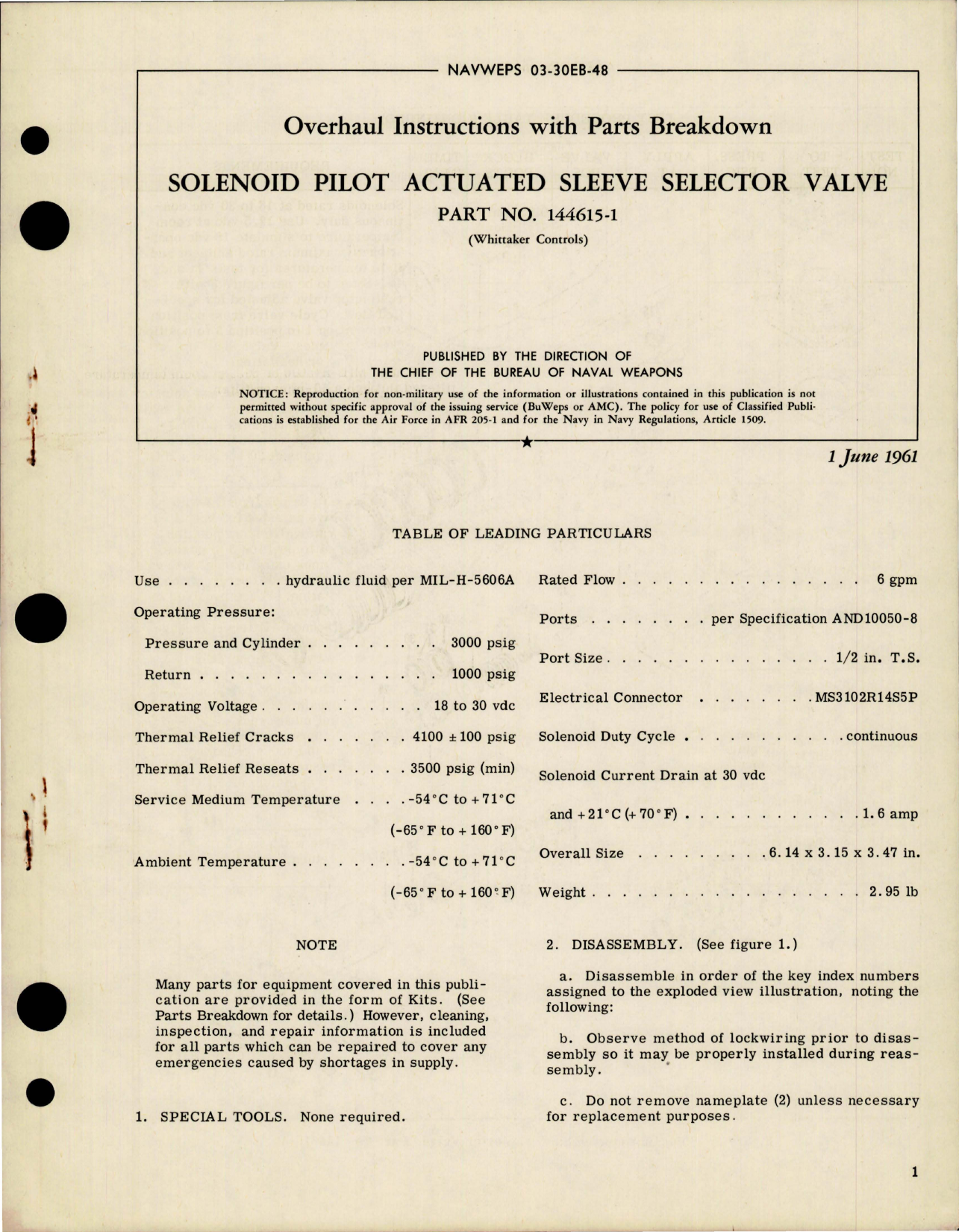 Sample page 1 from AirCorps Library document: Overhaul Instructions wikth Parts for Solenoid Pilot Actuated Sleeve Selector Valve - Part 144615-1