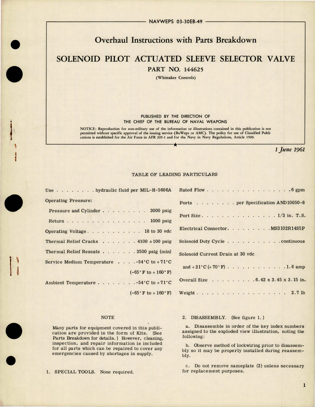 Sample page 1 from AirCorps Library document: Overhaul Instructions with Parts for Solenoid Pilot Actuated Sleeve Selector Valve - Part 144625 