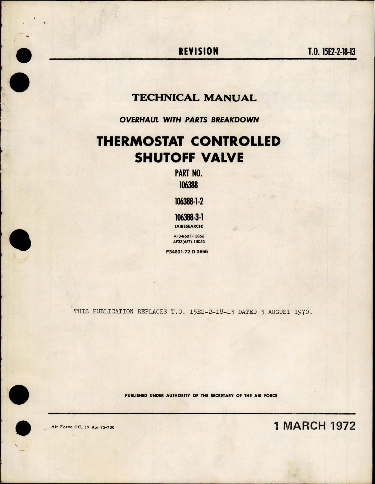 Sample page 1 from AirCorps Library document: Overhaul Instructions with Parts for Thermostat Controlled Shutoff Valve - Parts 106388, 106388-1-2, and 106388-3-1