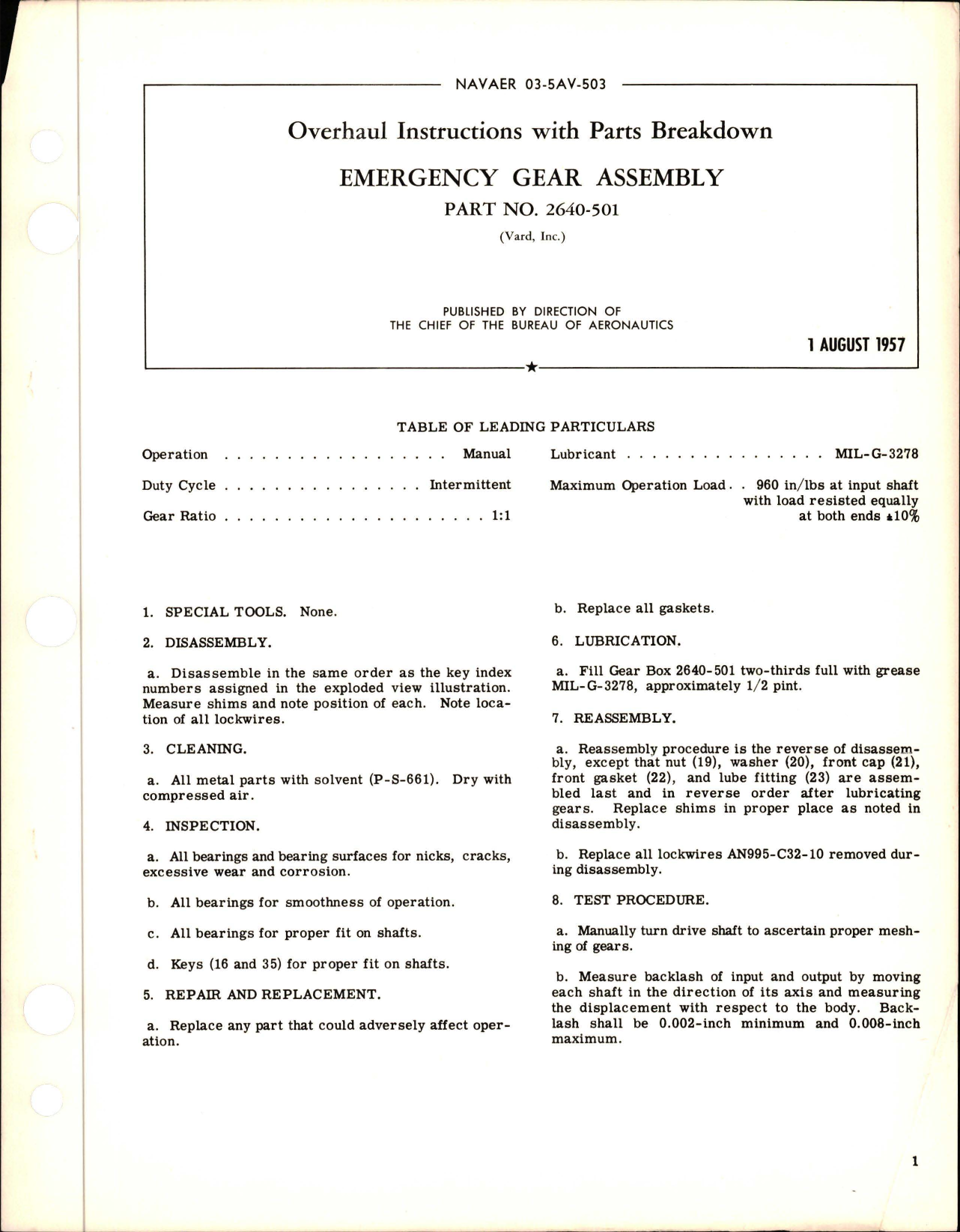 Sample page 1 from AirCorps Library document: Overhaul Instructions with Parts Breakdown for Emergency Gear Assembly - Part 2640-501 