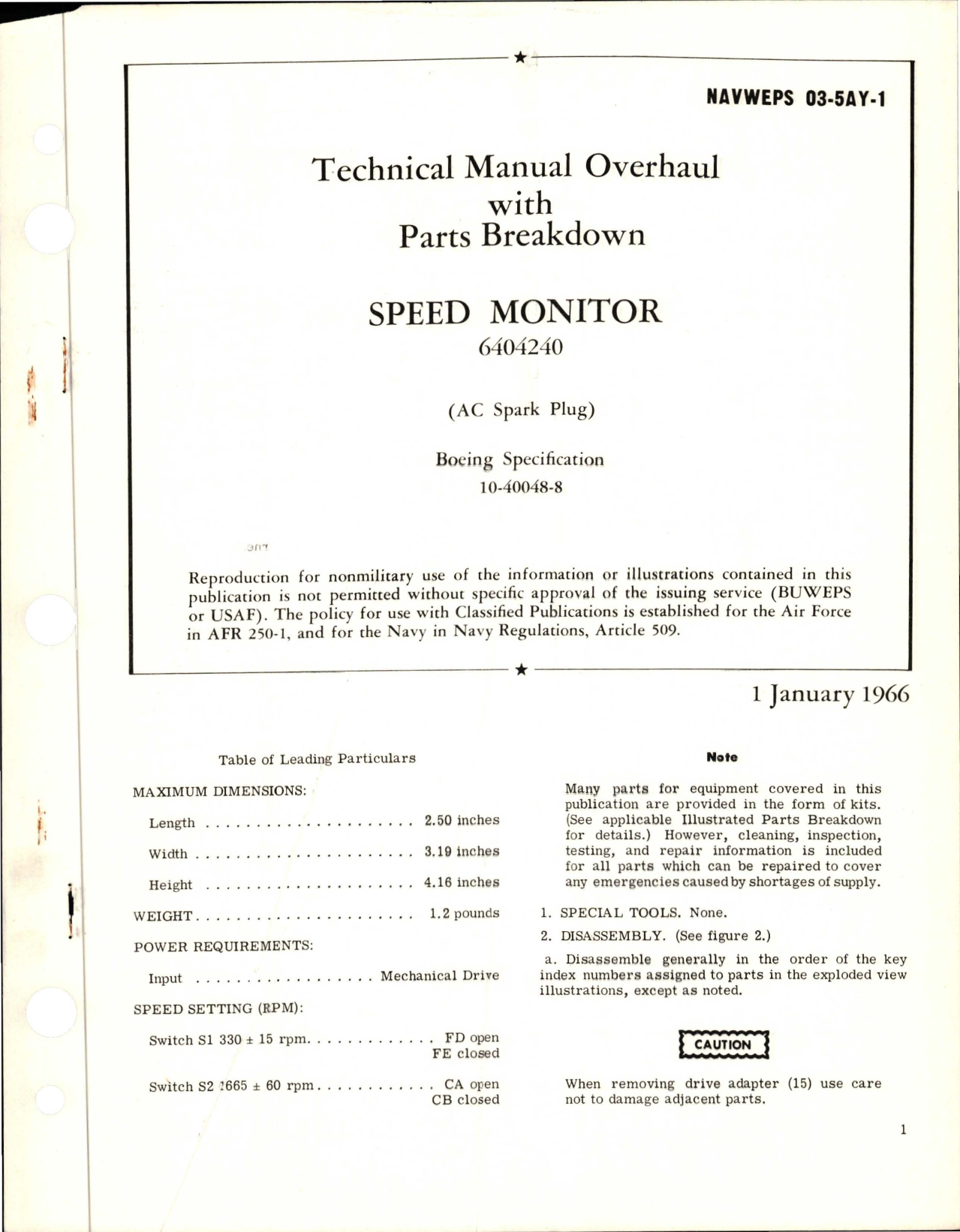 Sample page 1 from AirCorps Library document: Overhaul with Parts Breakdown for Speed Monitor - 6404240