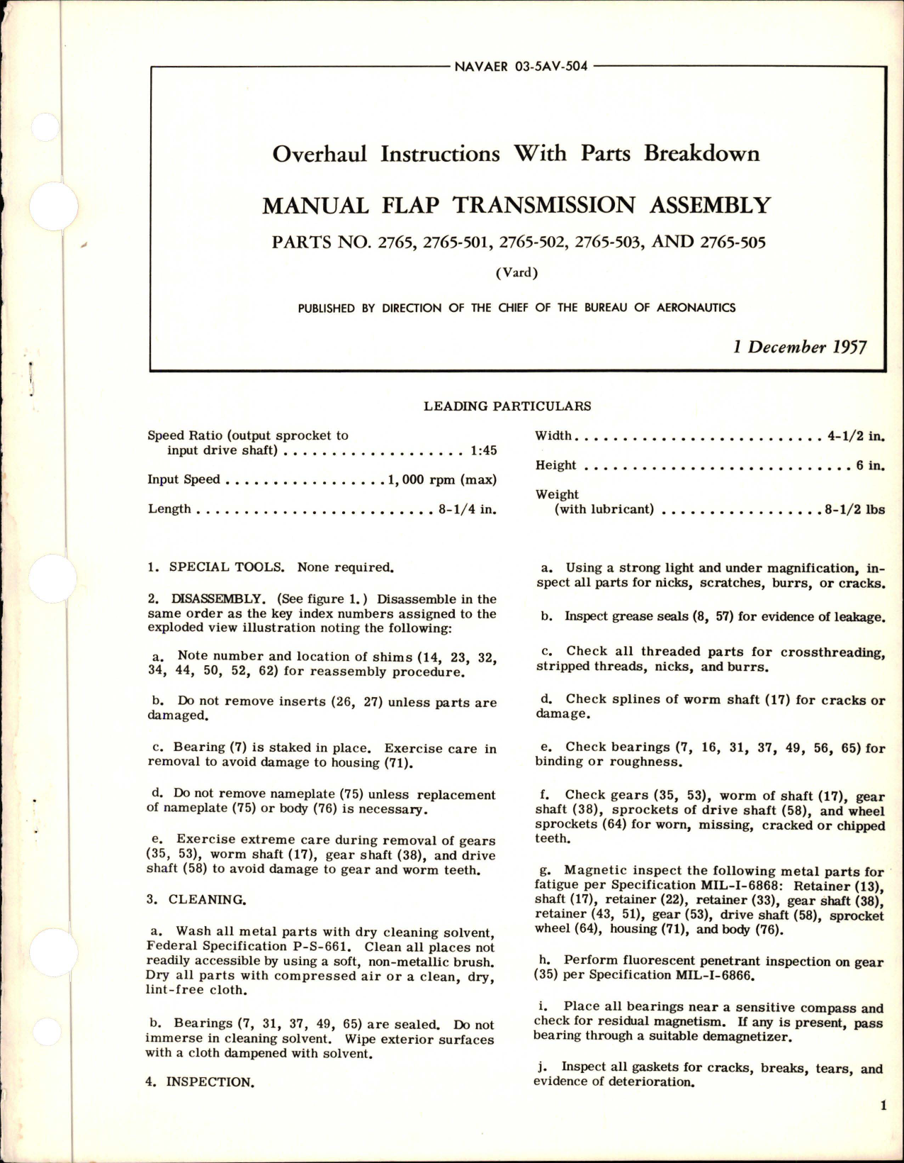 Sample page 1 from AirCorps Library document: Overhaul Instructions with Parts Breakdown for Manual Flap Transmission Assembly 