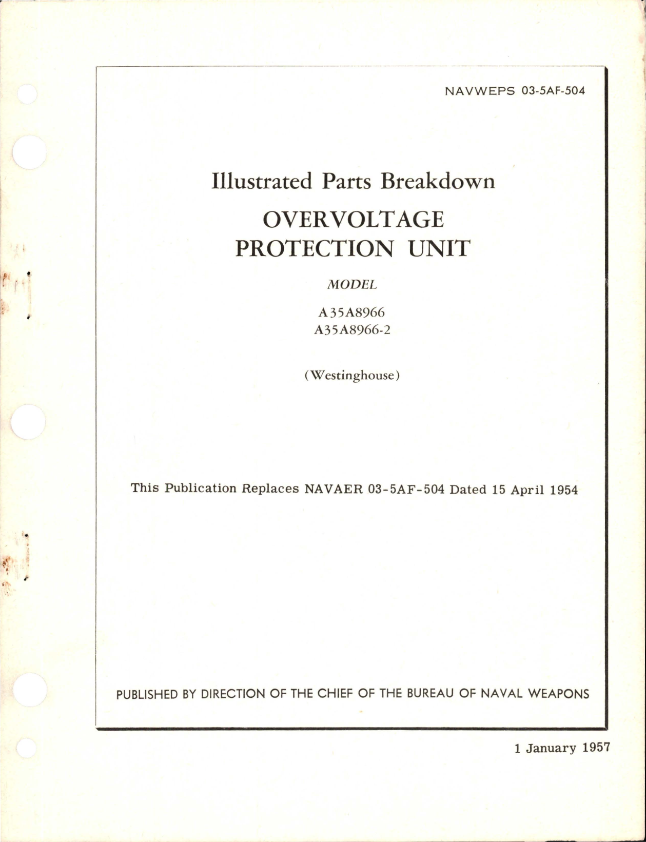 Sample page 1 from AirCorps Library document: Illustrated Parts Breakdown for Overvoltage Protection Unit - Models A35A8966 and A35A8966-2