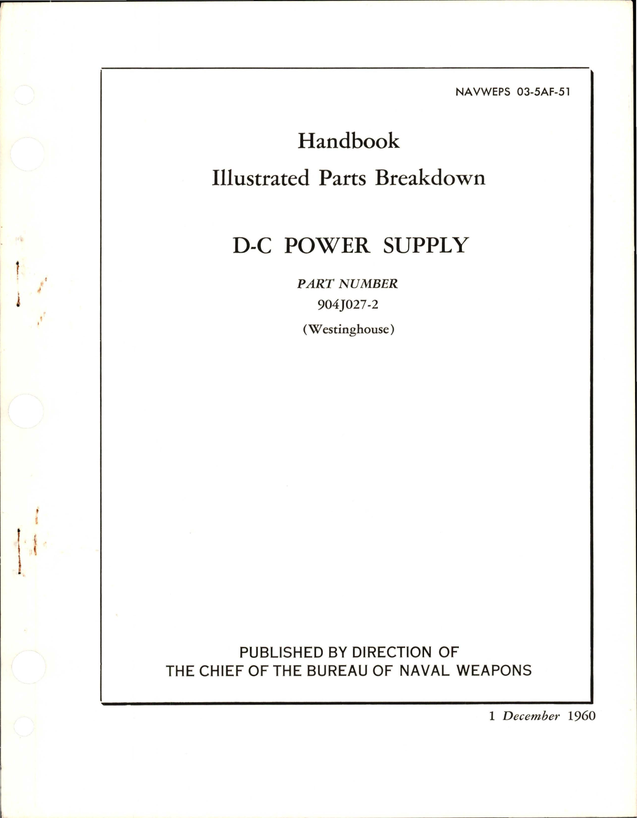 Sample page 1 from AirCorps Library document: Illustrated Parts Breakdown for DC Power Supply - Part 904J027-2