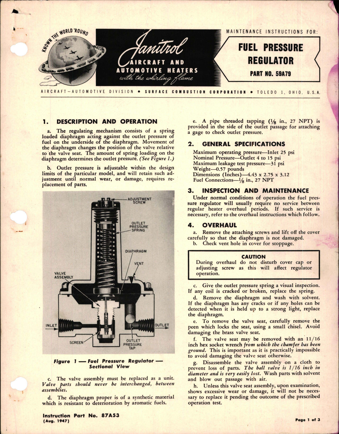 Sample page 1 from AirCorps Library document: Maintenance Instructions for Fuel Pressure Regulator - Part 59A79