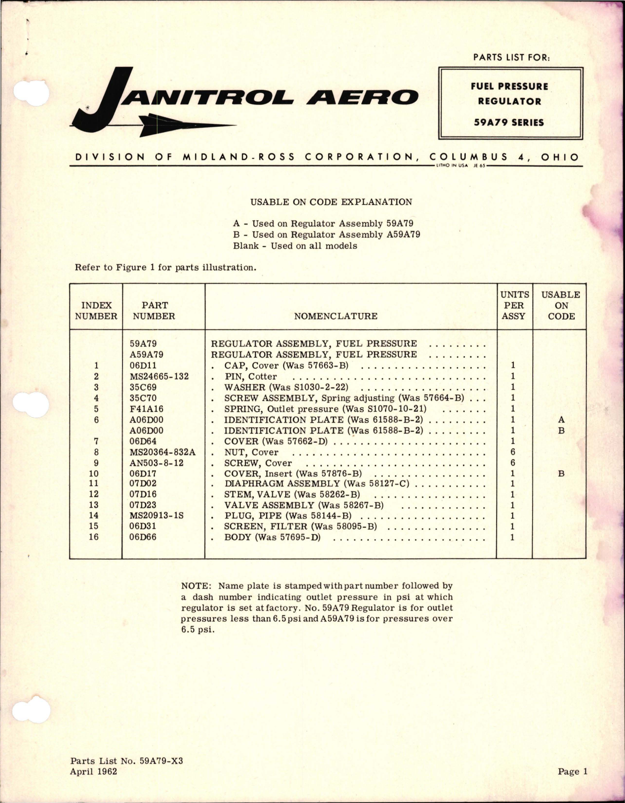 Sample page 1 from AirCorps Library document: Parts List for Fuel Pressure Regulator - 59A79 Series