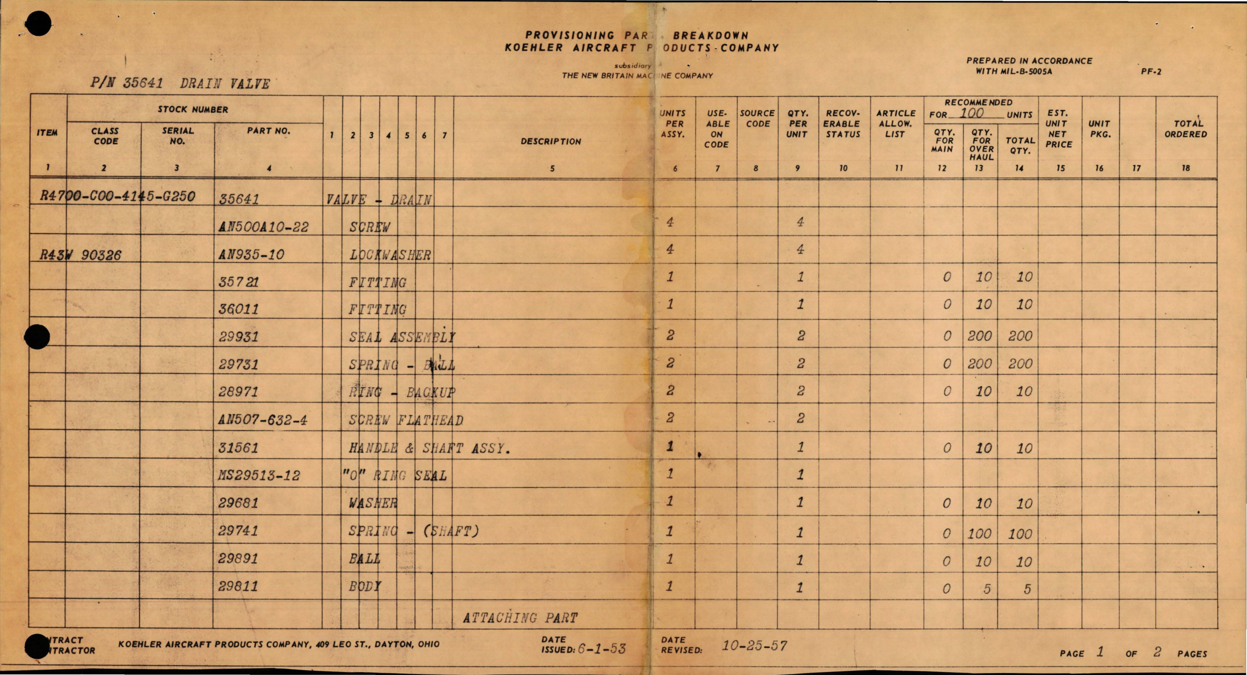 Sample page 1 from AirCorps Library document: Provisioning Part Breakdown for Drain Valve - Part 35641