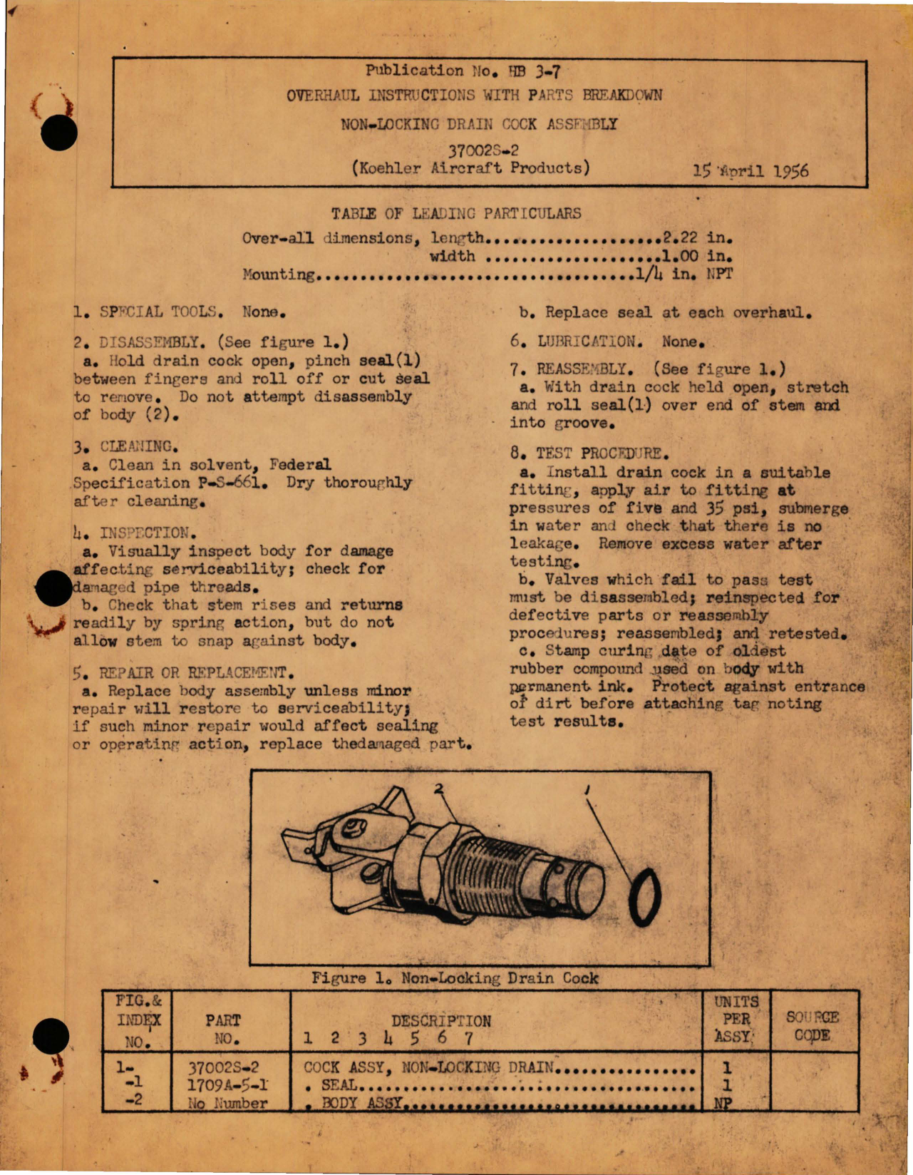 Sample page 1 from AirCorps Library document: Overhaul Instructions with Parts Breakdown for Non-Locking Drain Cock Assembly - 37002S-2