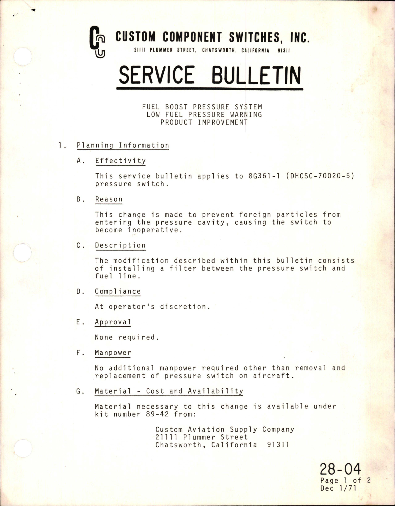 Sample page 1 from AirCorps Library document: Fuel Boost Pressure System - Low Fuel Pressure Warning - Product Improvement