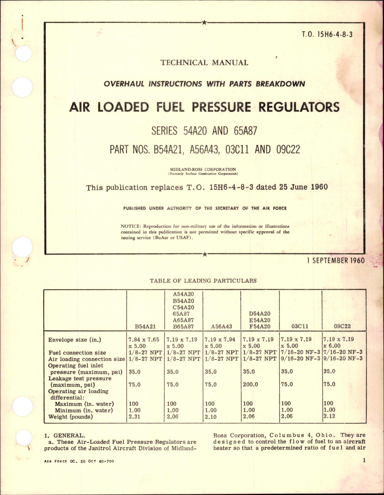 Sample page 1 from AirCorps Library document: Overhaul Instructions with Parts Breakdown for Air Loaded Fuel Pressure Regulators - Series 54A20 and 65A87 