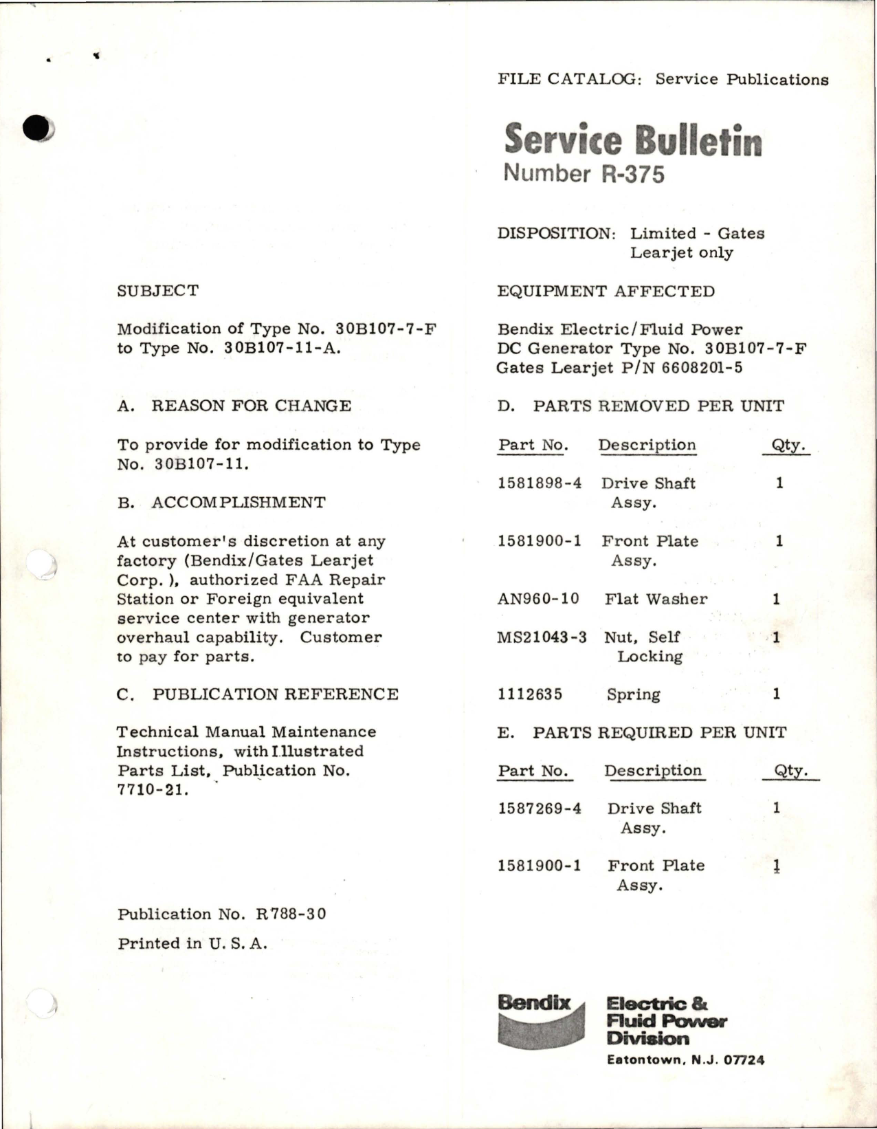 Sample page 1 from AirCorps Library document: Modification of DC Generator Type 30B107-7-F to Type 30B107-11-A