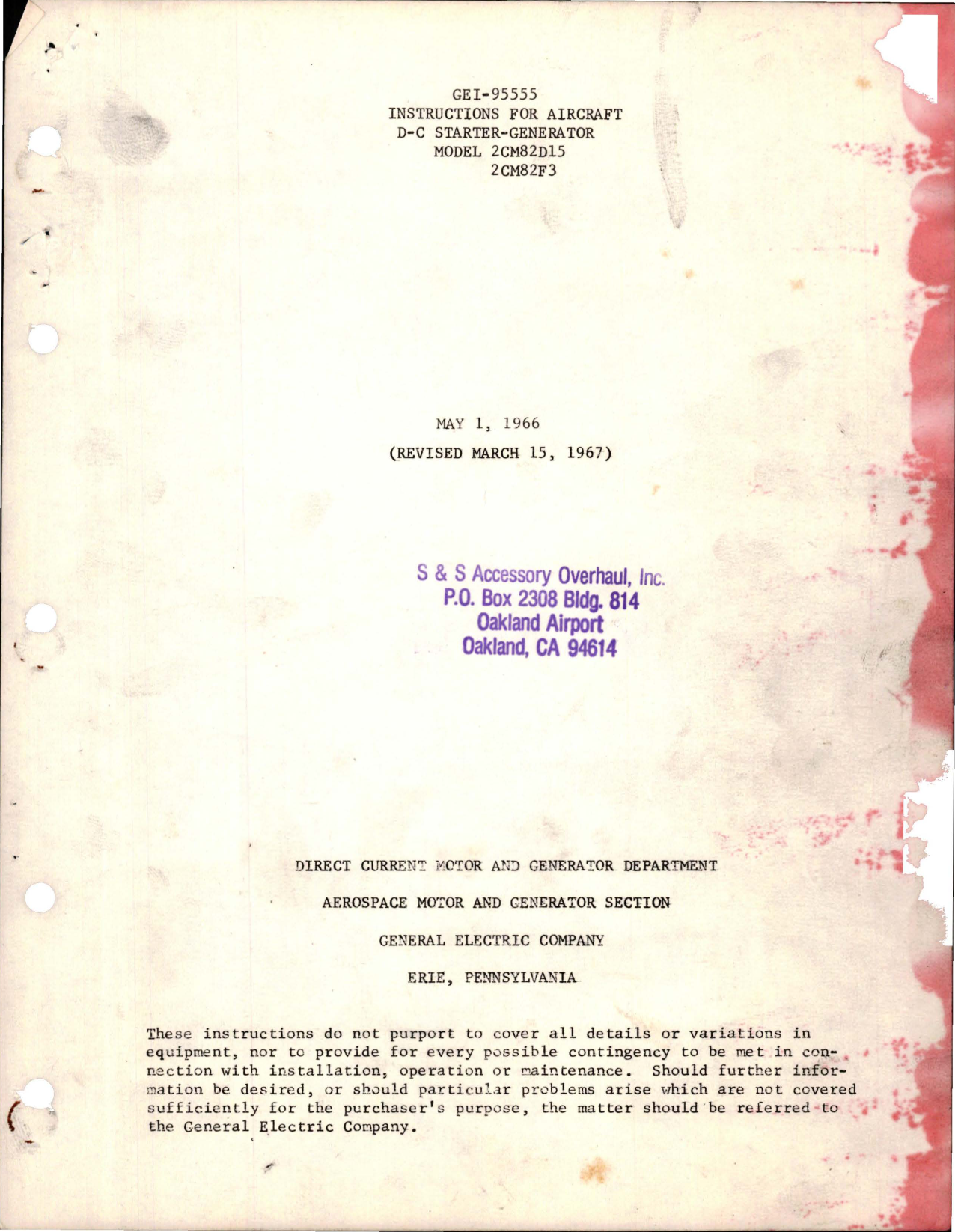 Sample page 1 from AirCorps Library document: Instructions for DC Starter Generator - Models 2CM82D15 and 2CM82F3 