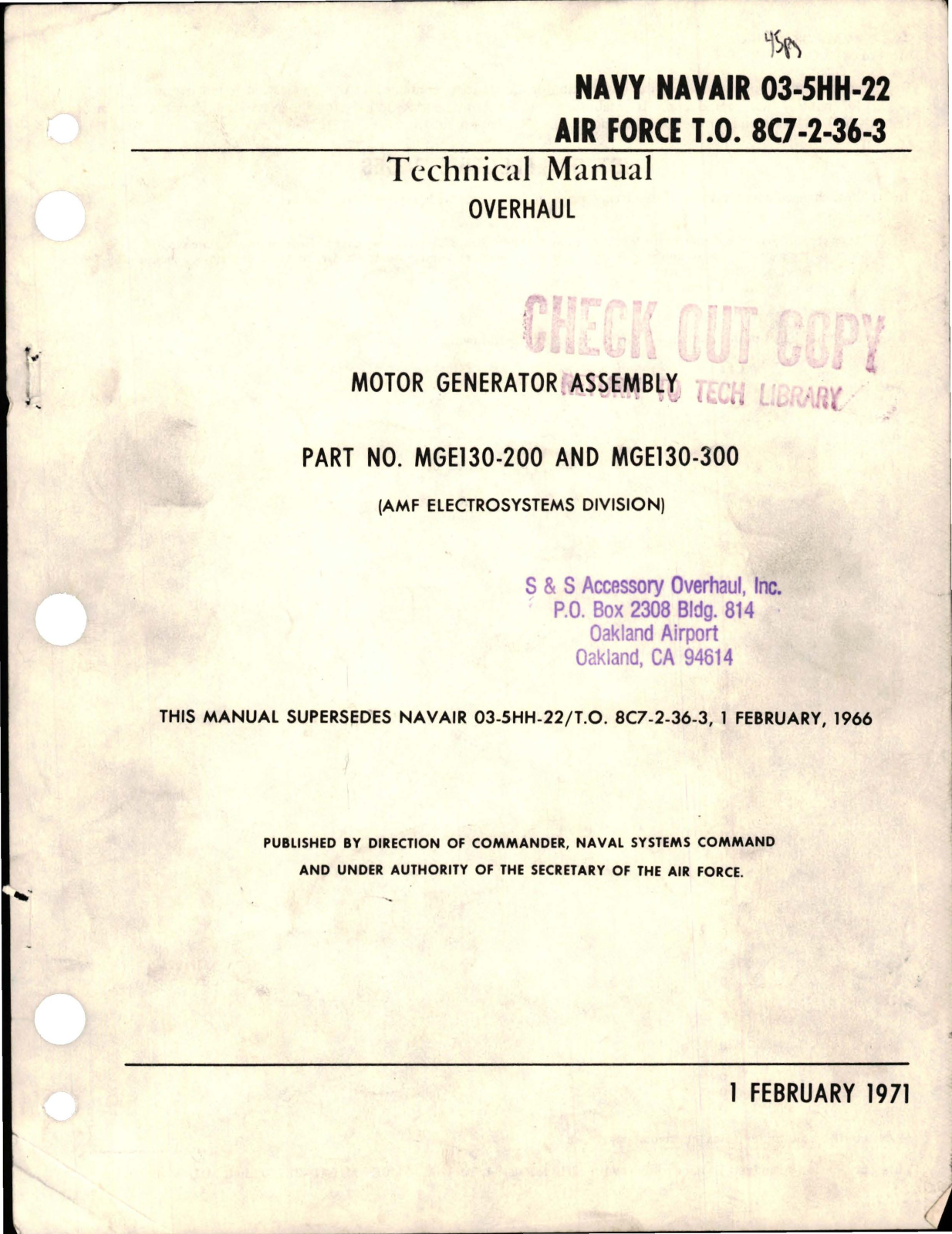 Sample page 1 from AirCorps Library document: Overhaul for Motor Generator Assembly - Part MGE130-200 and MGE130-300 