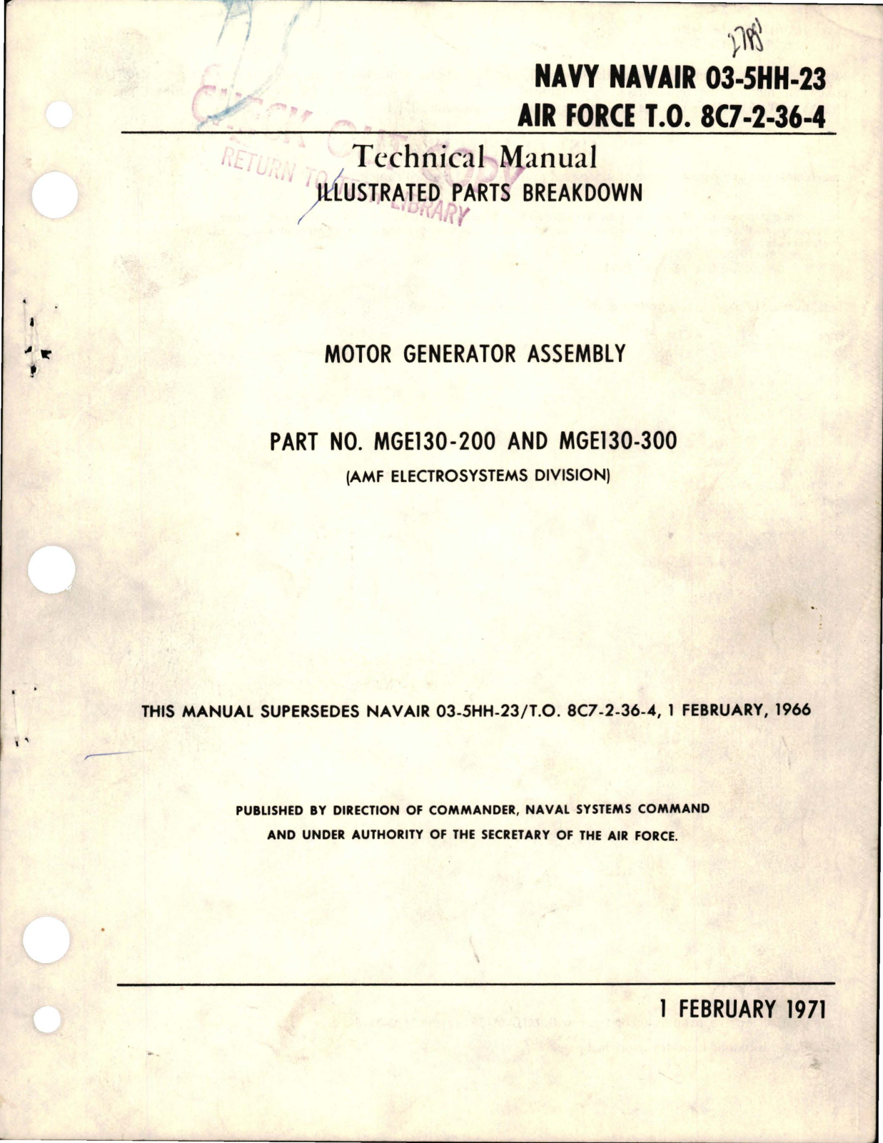 Sample page 1 from AirCorps Library document: Illustrated Parts Breakdown for Motor Generator Assembly - Part MGE130-200, MGE130-300