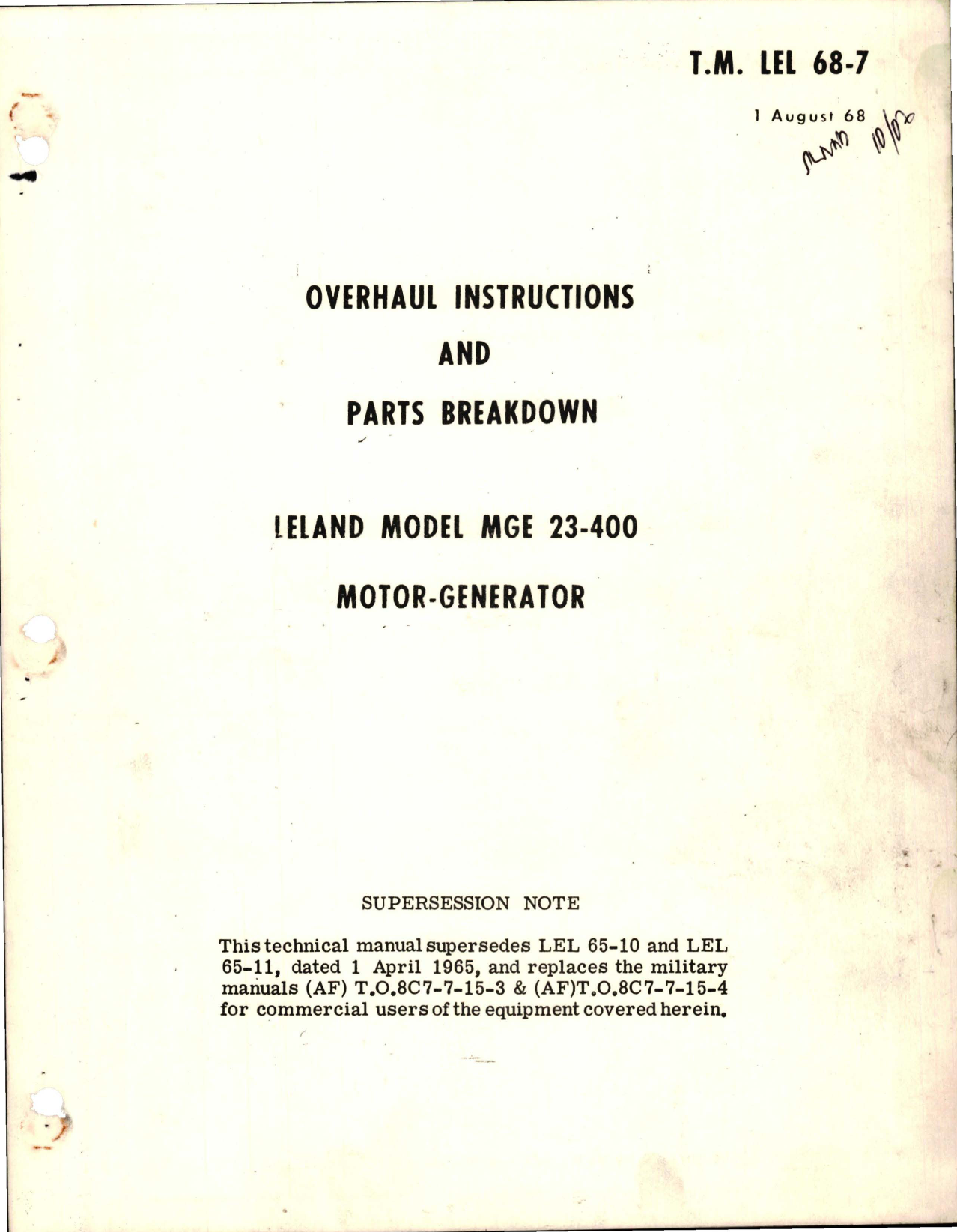 Sample page 1 from AirCorps Library document: Overhaul Instructions and Parts Breakdown for Motor Generator - Model MGE 23-400