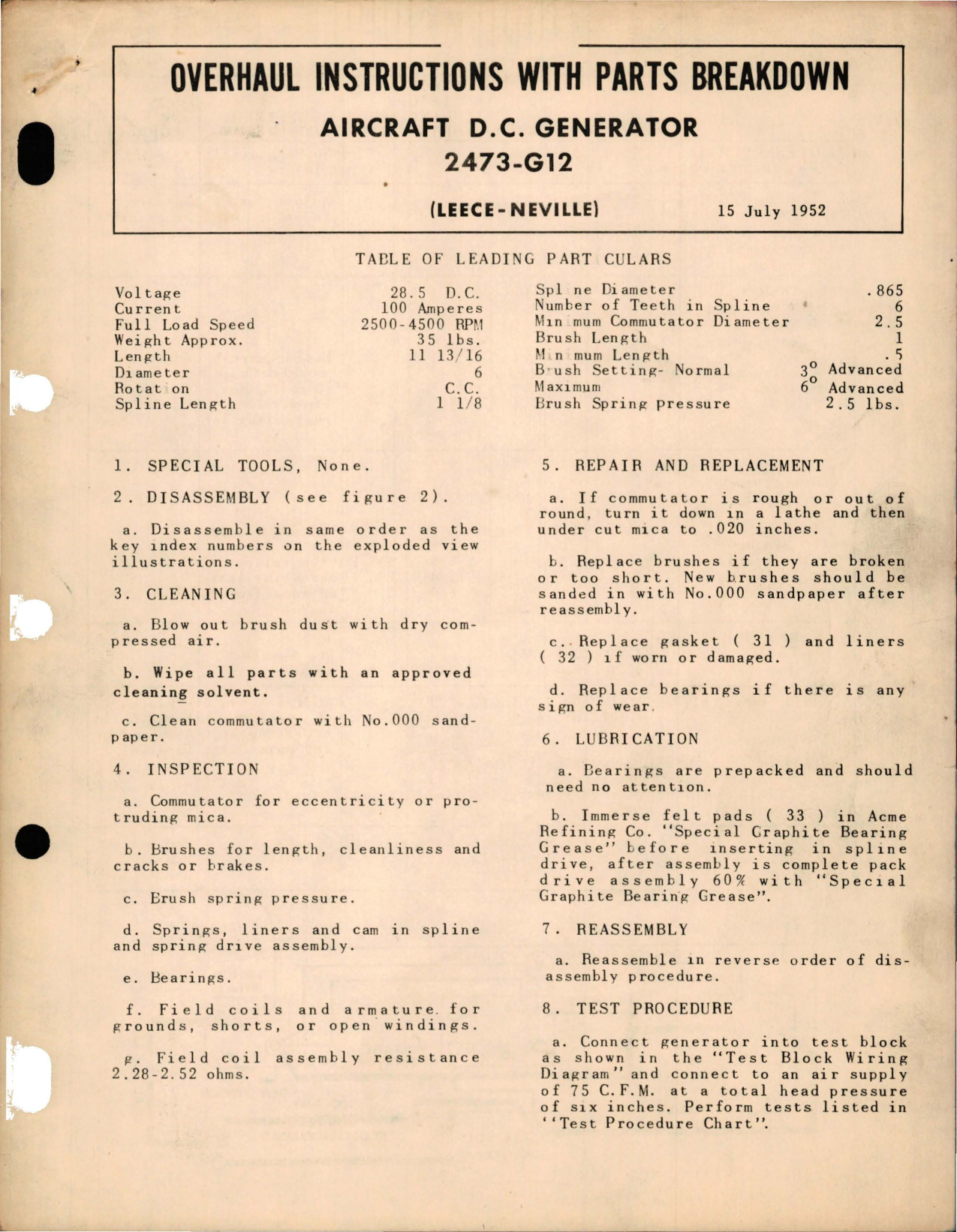 Sample page 1 from AirCorps Library document: Overhaul Instructions with Parts Breakdown for Aircraft DC Generator - 2473-G12