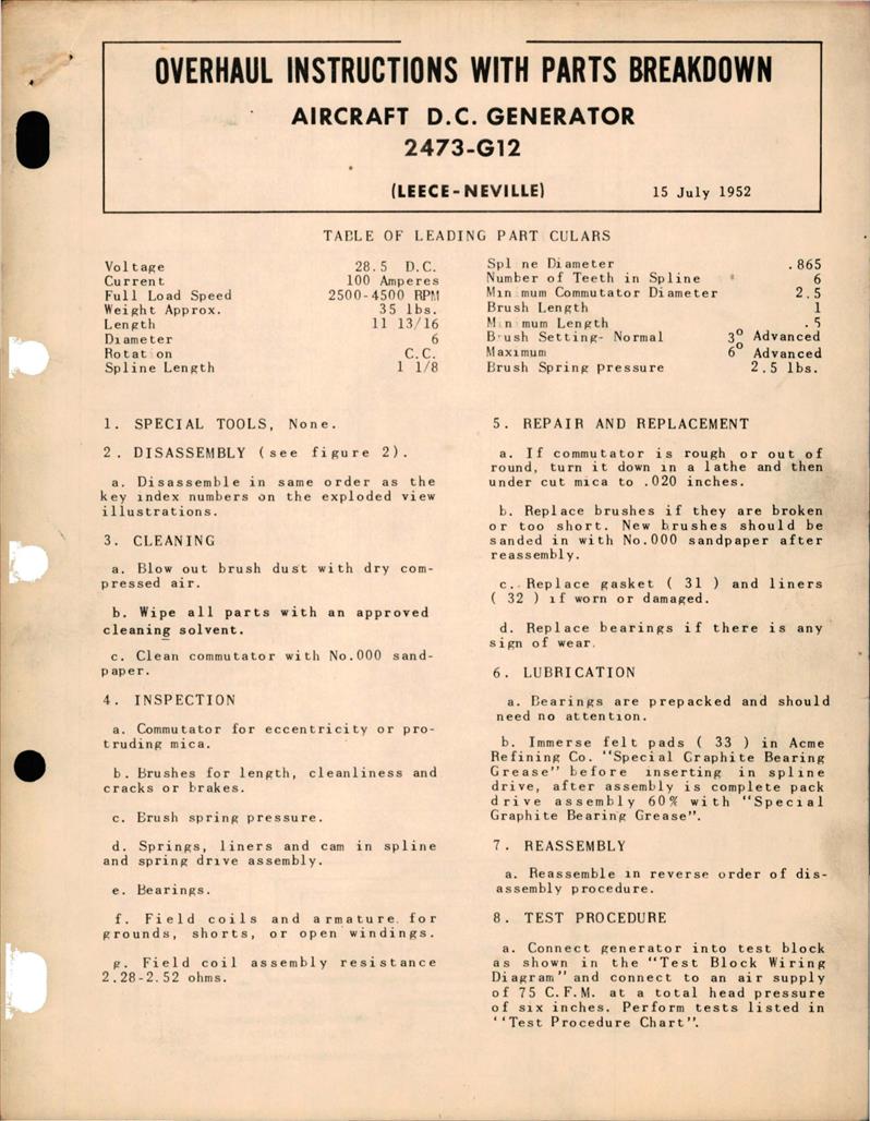 Overhaul Instructions with Parts Breakdown for Aircraft DC Generator ...