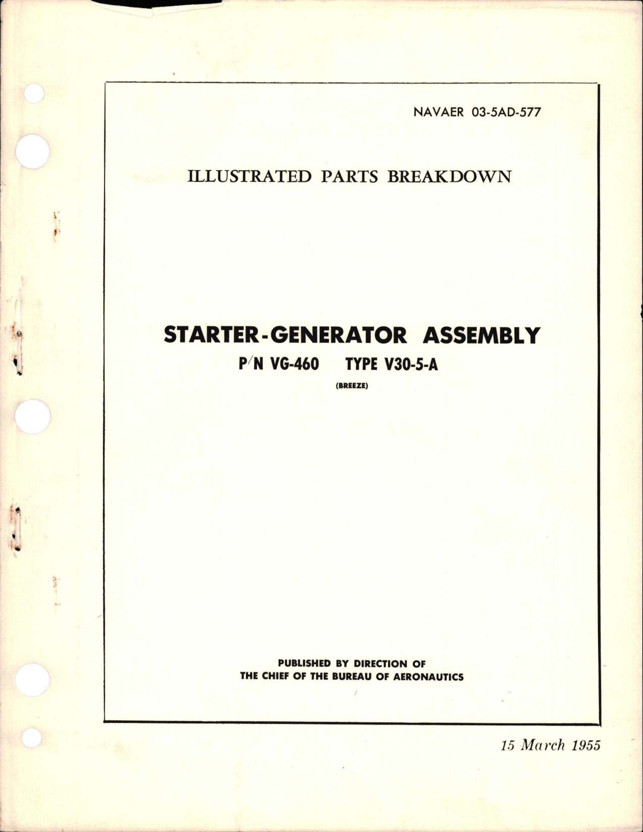 Sample page 1 from AirCorps Library document: Illustrated Parts Breakdown for Starter Generator Assembly - Part VG-460 - Type V30-5-A