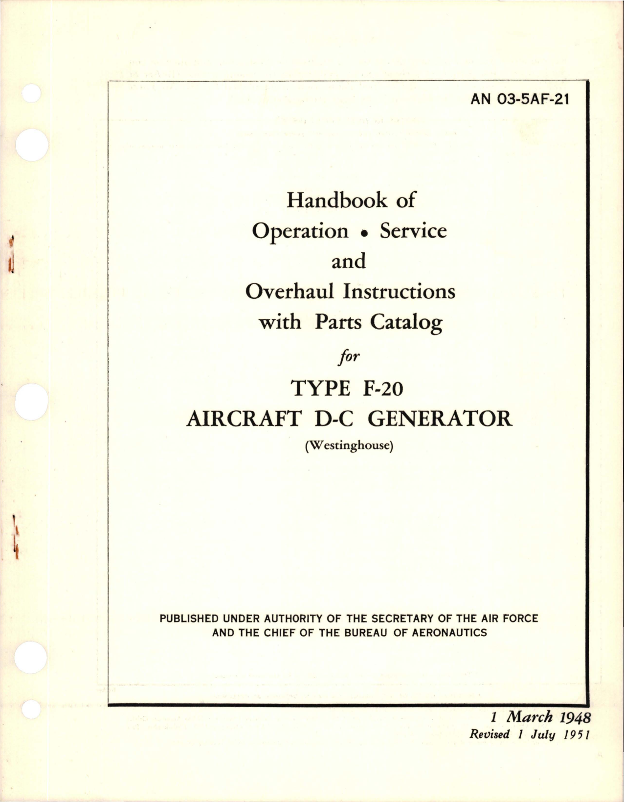 Sample page 1 from AirCorps Library document: Operation, Service and Overhaul Instructions with Parts Catalog for Aircraft DC Generator - Type F-20