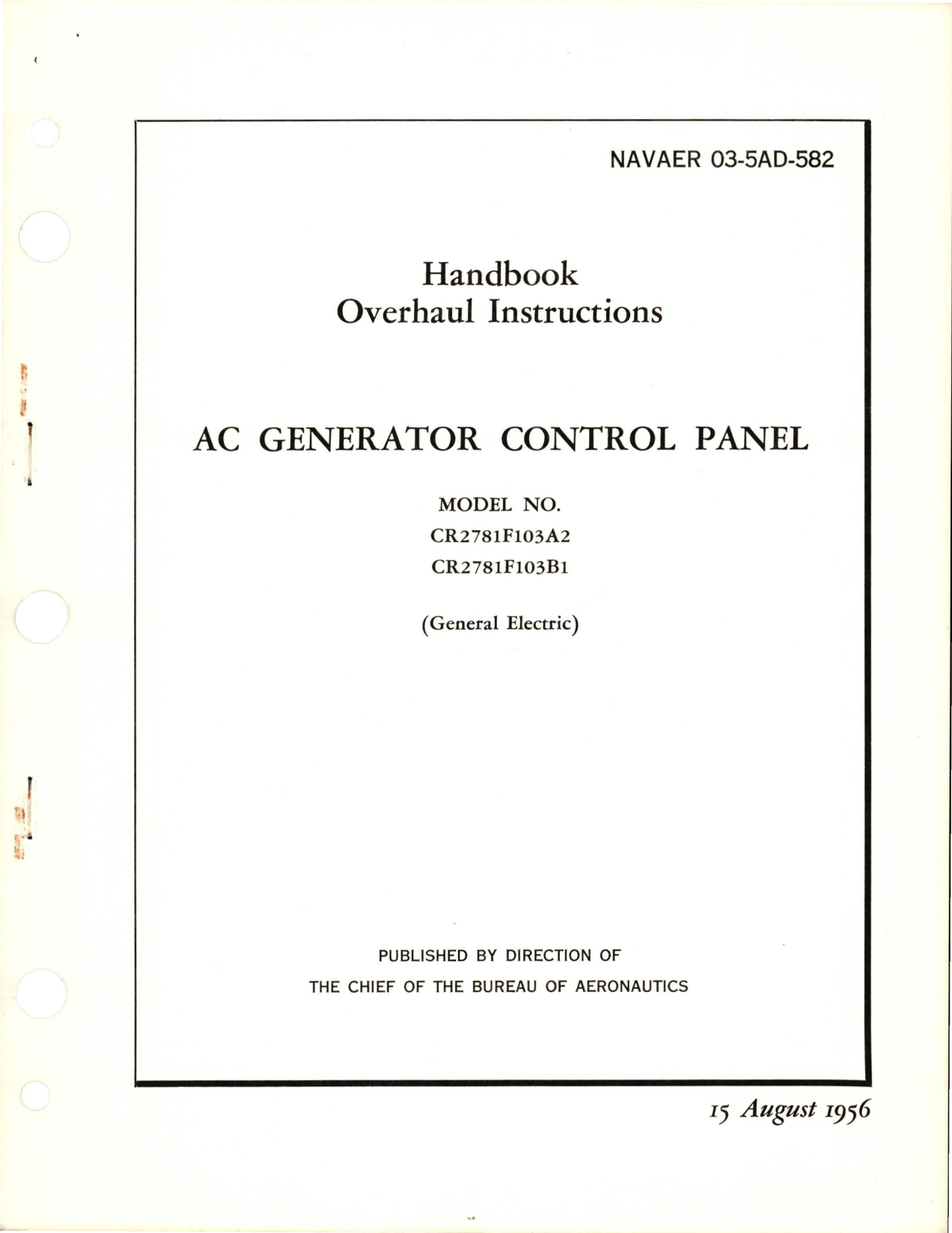 Sample page 1 from AirCorps Library document: Overhaul Instructions for AC Generator Control Panel - Models CR2781F103A2 and CR2781F103B1 