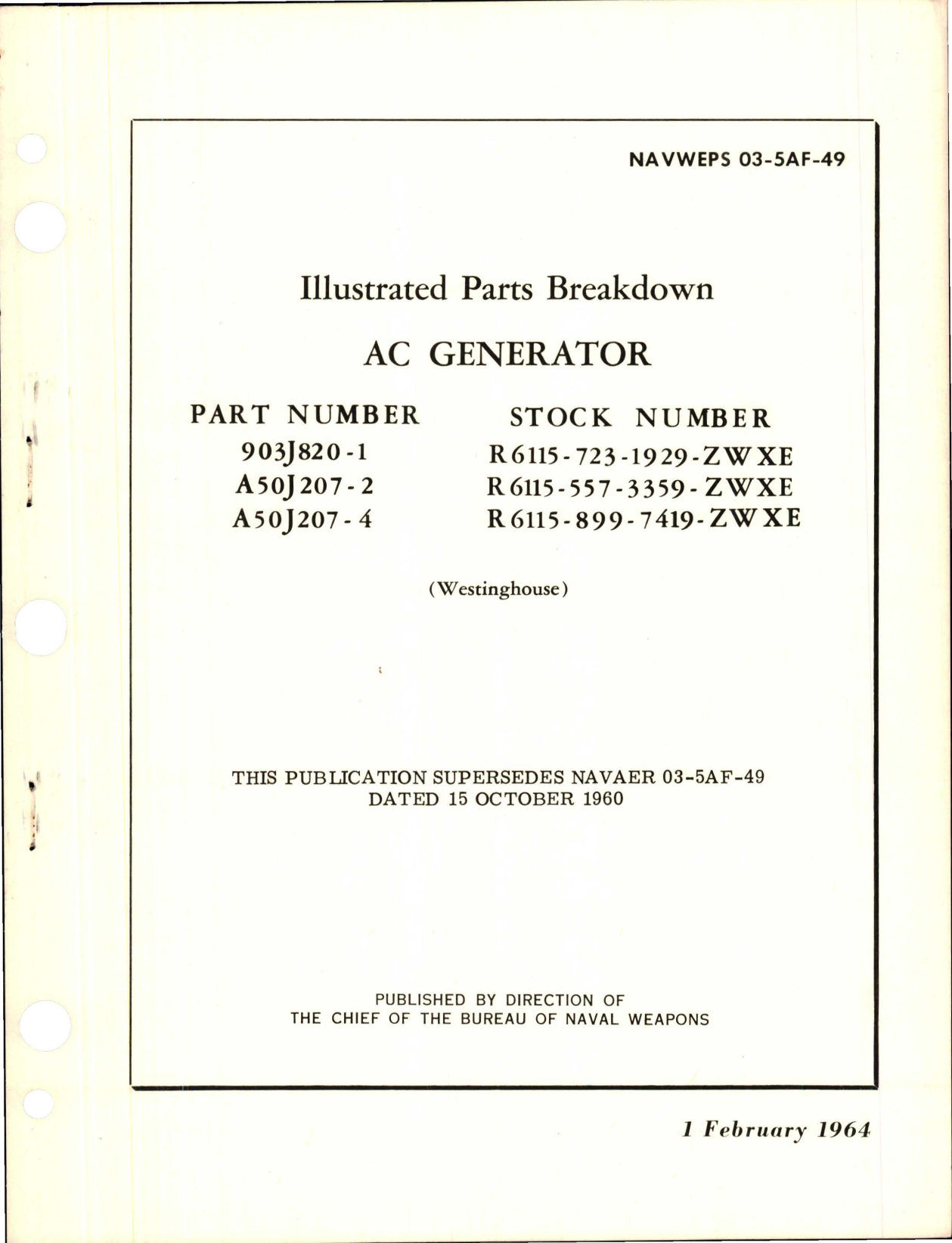 Sample page 1 from AirCorps Library document: Illustrated Parts Breakdown for AC Generator - Parts 903J820-1, A50J207-2, and A50J207-4 