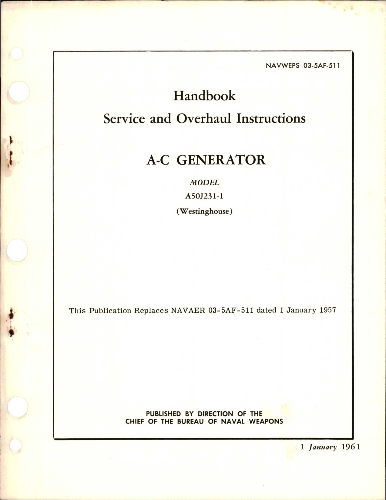 Sample page 1 from AirCorps Library document: Service and Overhaul Instructions for AC Generator - Model A50J231-1