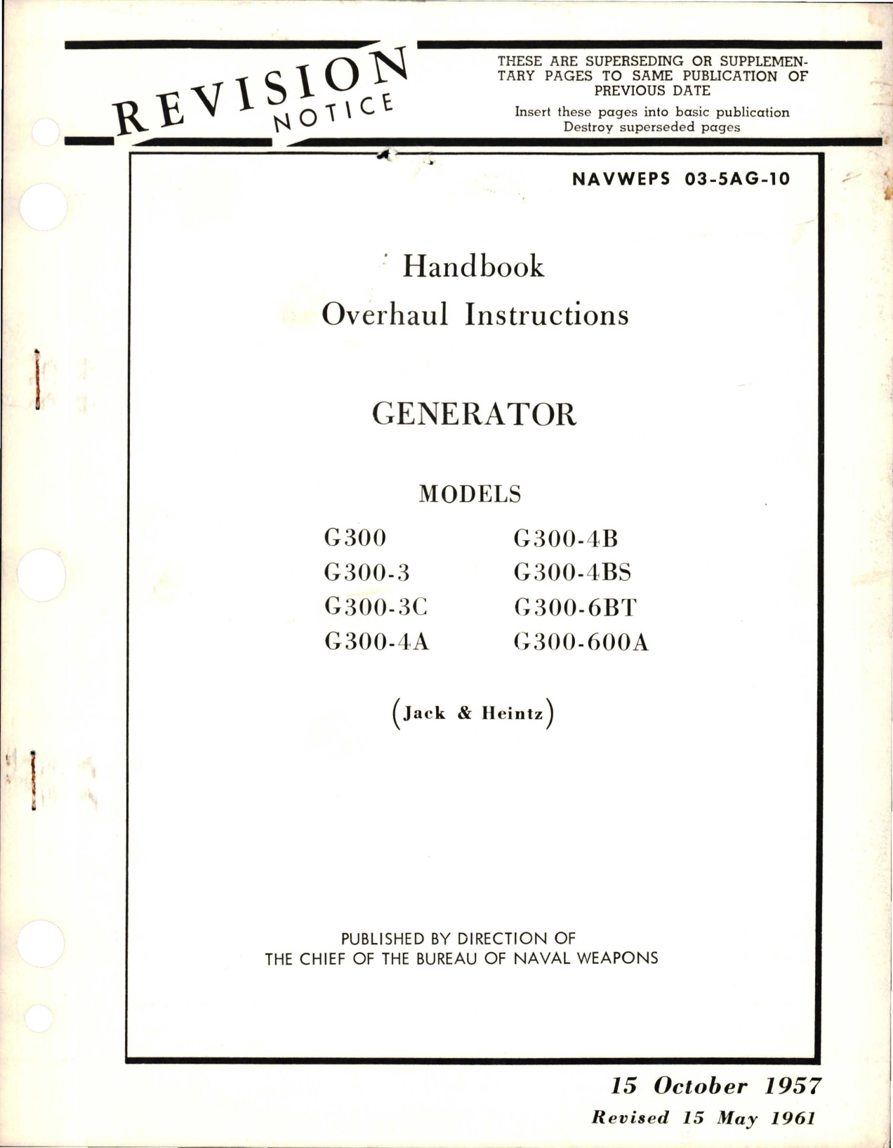 Sample page 1 from AirCorps Library document: Overhaul Instructions for Generator 