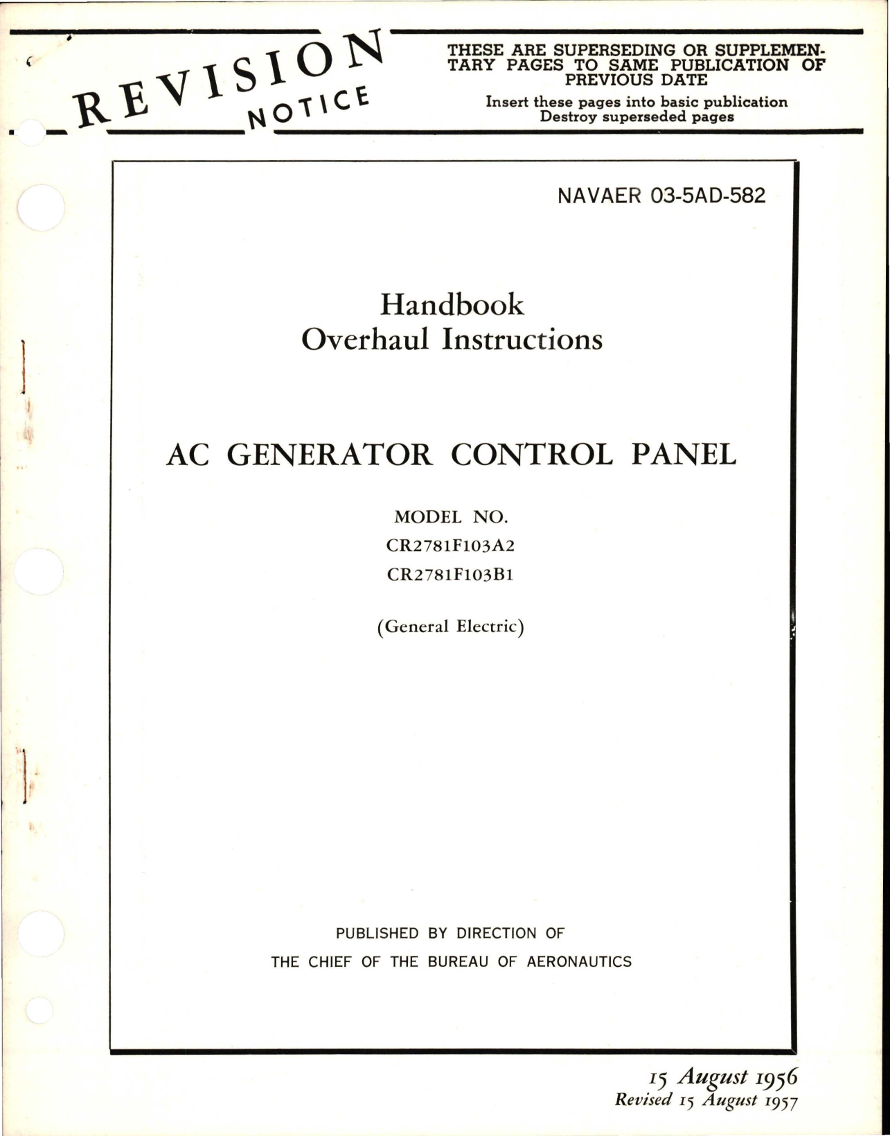 Sample page 1 from AirCorps Library document: Overhaul Instructions for AC Generator Control Panel - Models CR2781F103A2 and CR2781F103B1