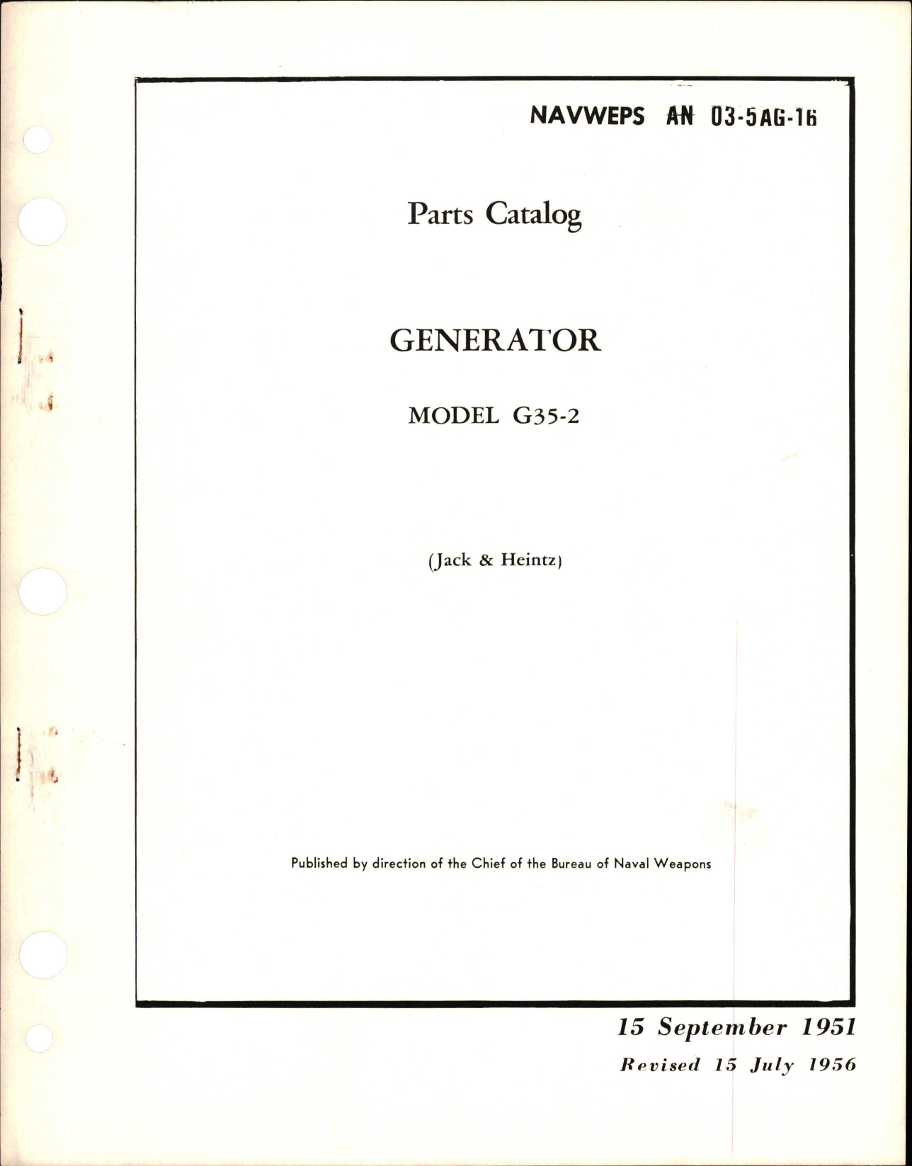 Sample page 1 from AirCorps Library document: Parts Catalog for Generator - Model G35-2