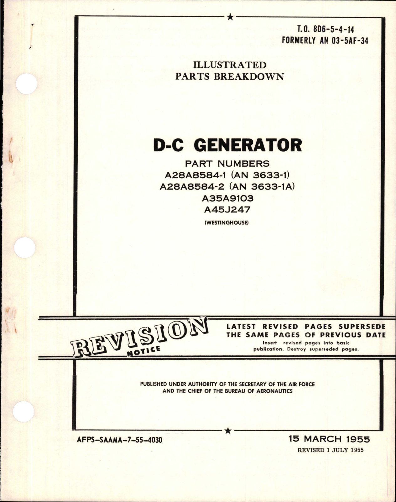 Sample page 1 from AirCorps Library document: Revision to Illustrated Parts Breakdown for DC Generator 