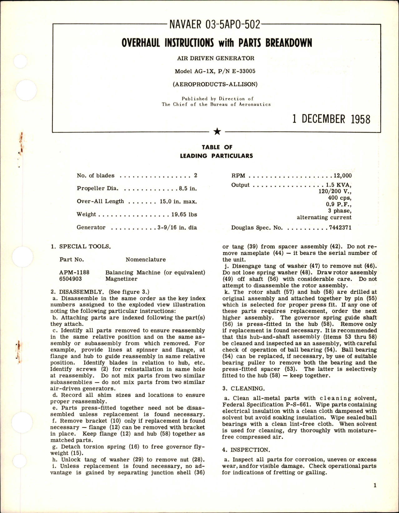 Sample page 1 from AirCorps Library document: Overhaul Instructions w Parts Breakdown for Air Driven Generator - Model AG-1X - Part E-33005