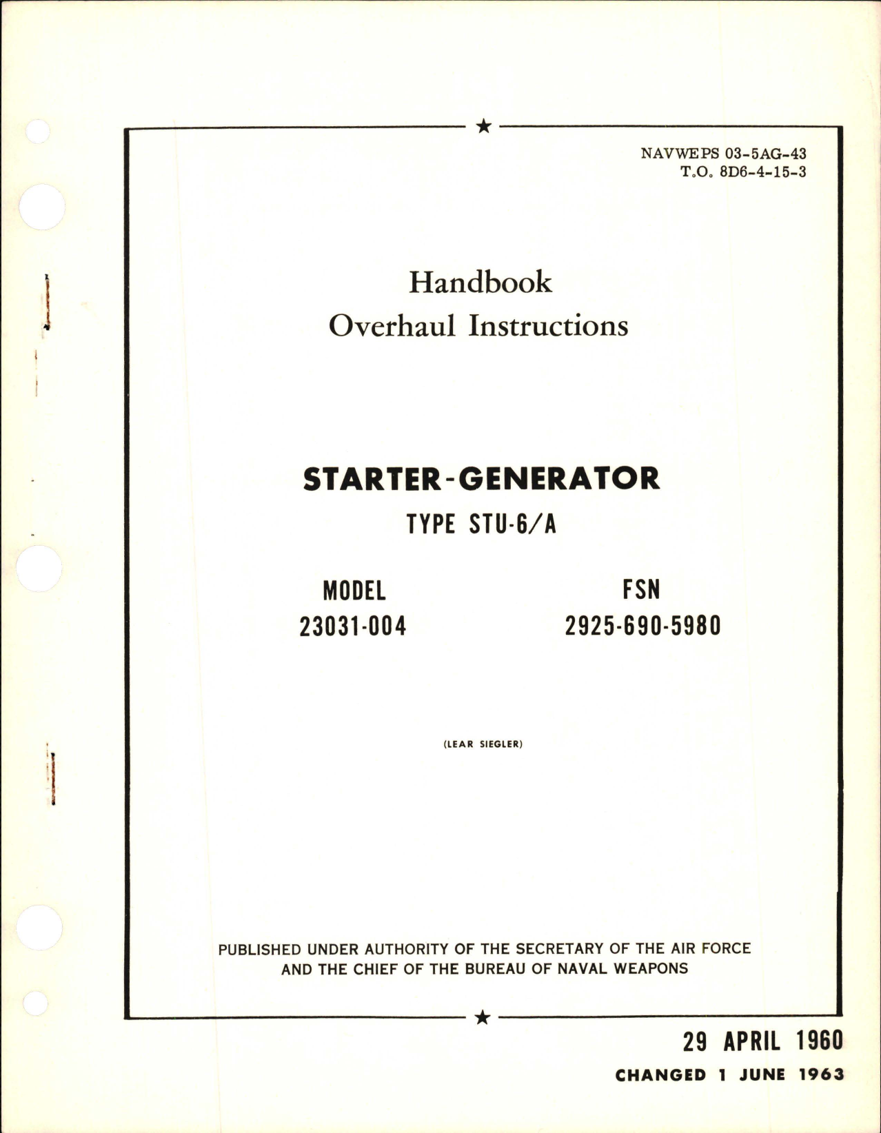 Sample page 1 from AirCorps Library document: Overhaul Instructions for Starter Generator - Type STU-6-A - Model 23031-004 