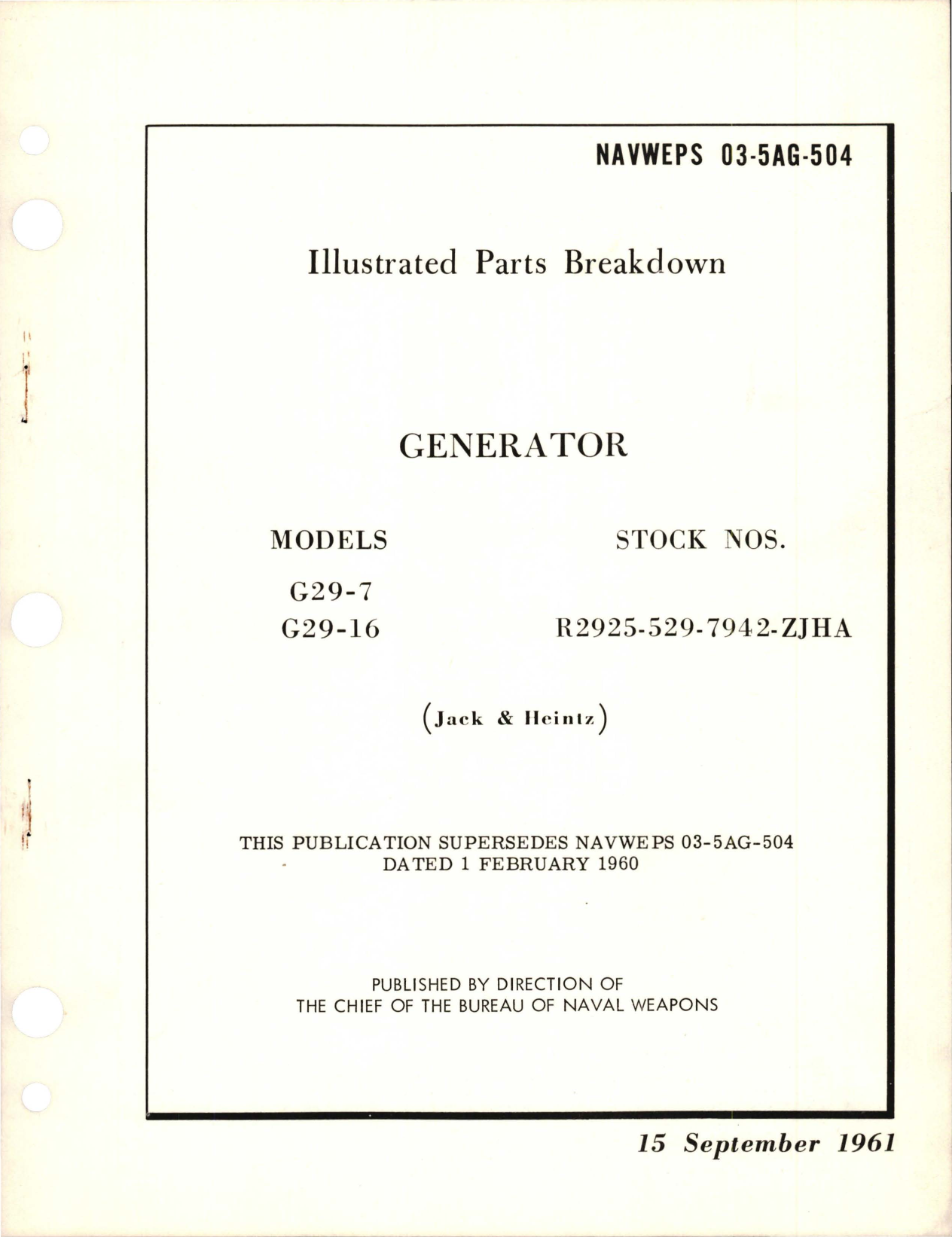 Sample page 1 from AirCorps Library document: Illustrated Parts Breakdown for Generator - Models G29-7, G29-16 