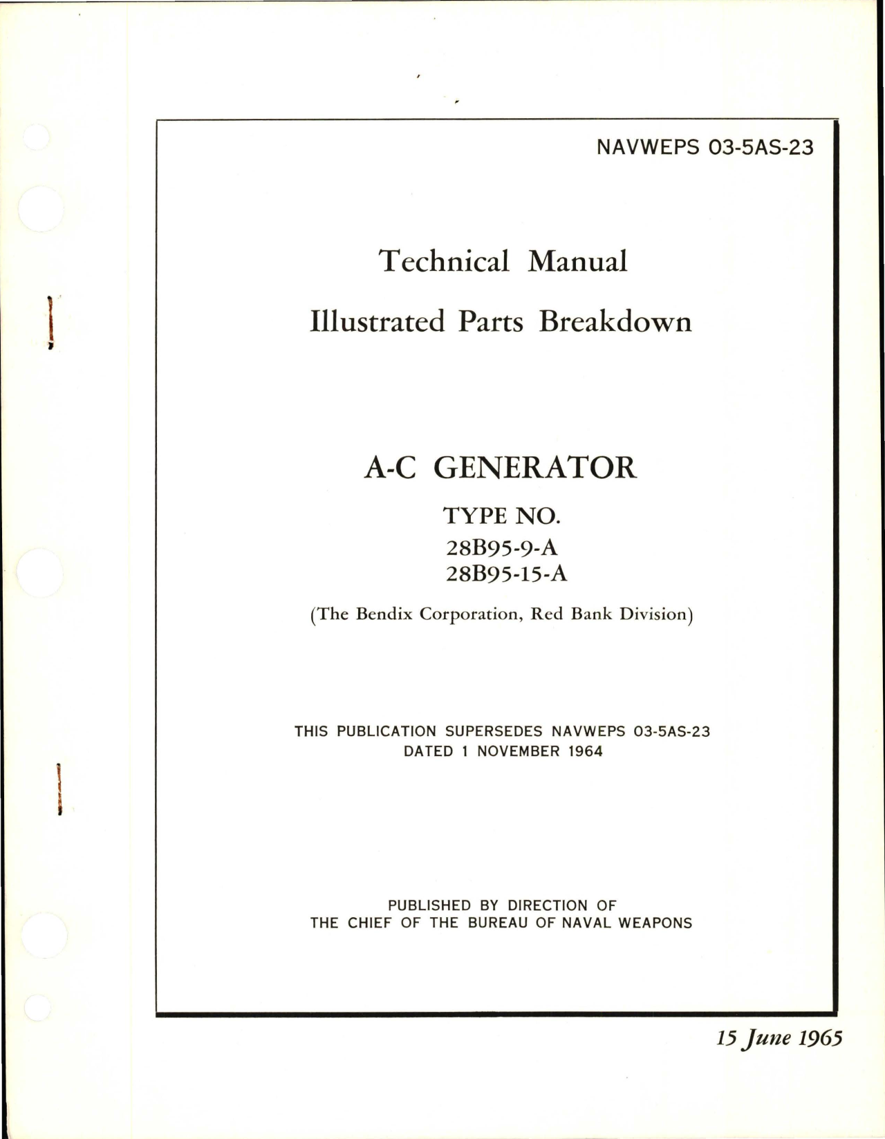 Sample page 1 from AirCorps Library document: Illustrated Parts Breakdown for AC Generator - Types 28B95-9-A and 28B95-15-A